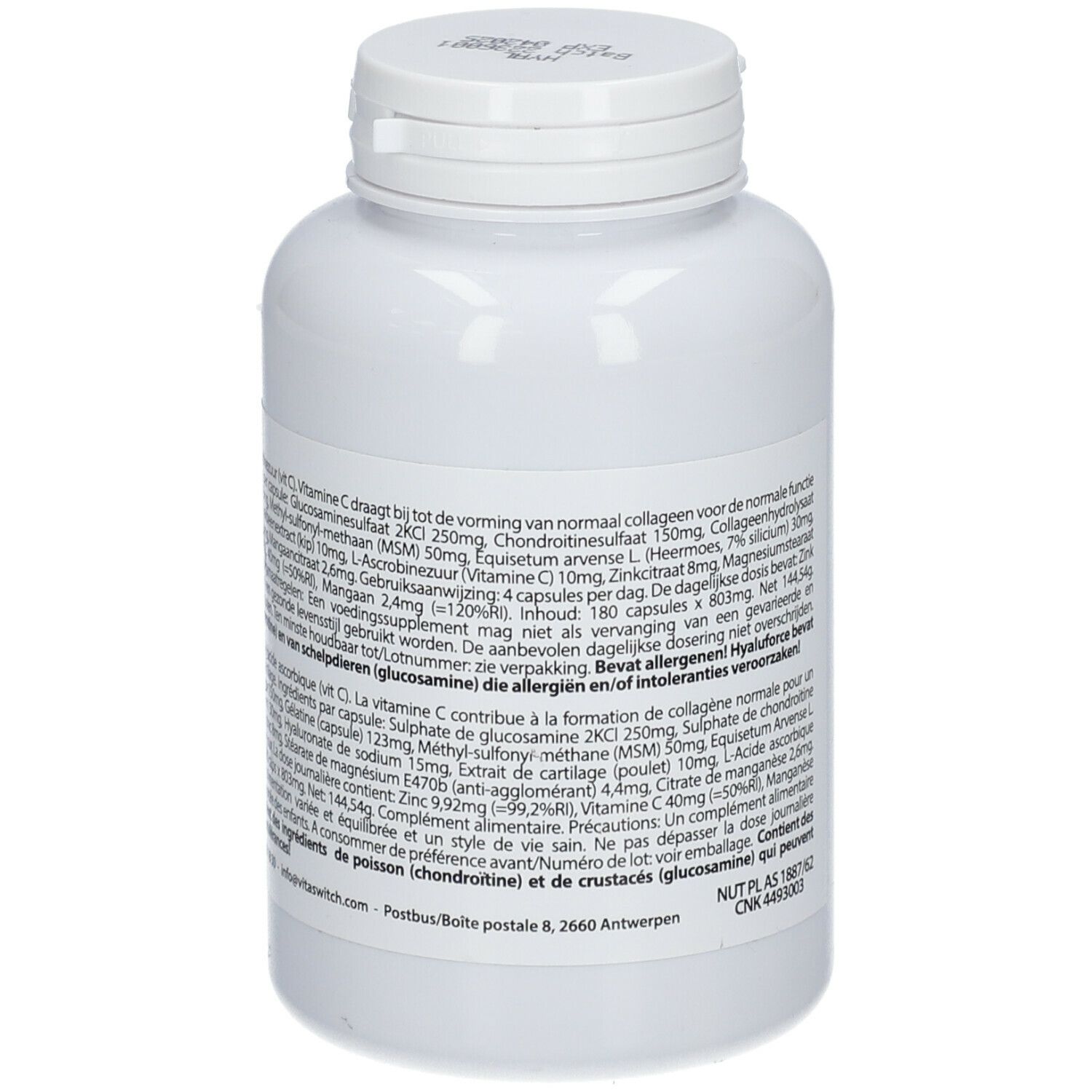 Witte fles met schroefdop. Etiket met tekst. Detail van ingrediënten en dosering.