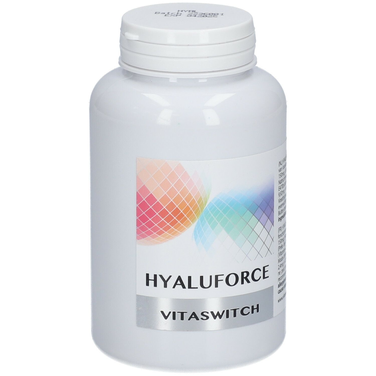 Witte fles met schroefdop. Etiket met "HYALUFORCE" en "VITASWITCH". Gekleurde achtergrond.
