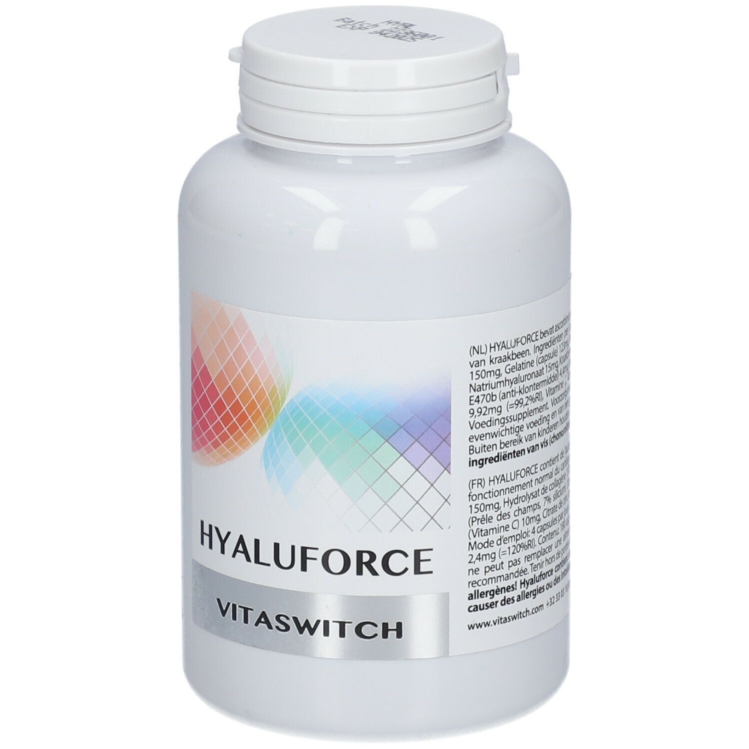 Witte fles met schroefdop. Etiket met "HYALUFORCE" en "VITASWITCH". Gekleurde achtergrond.