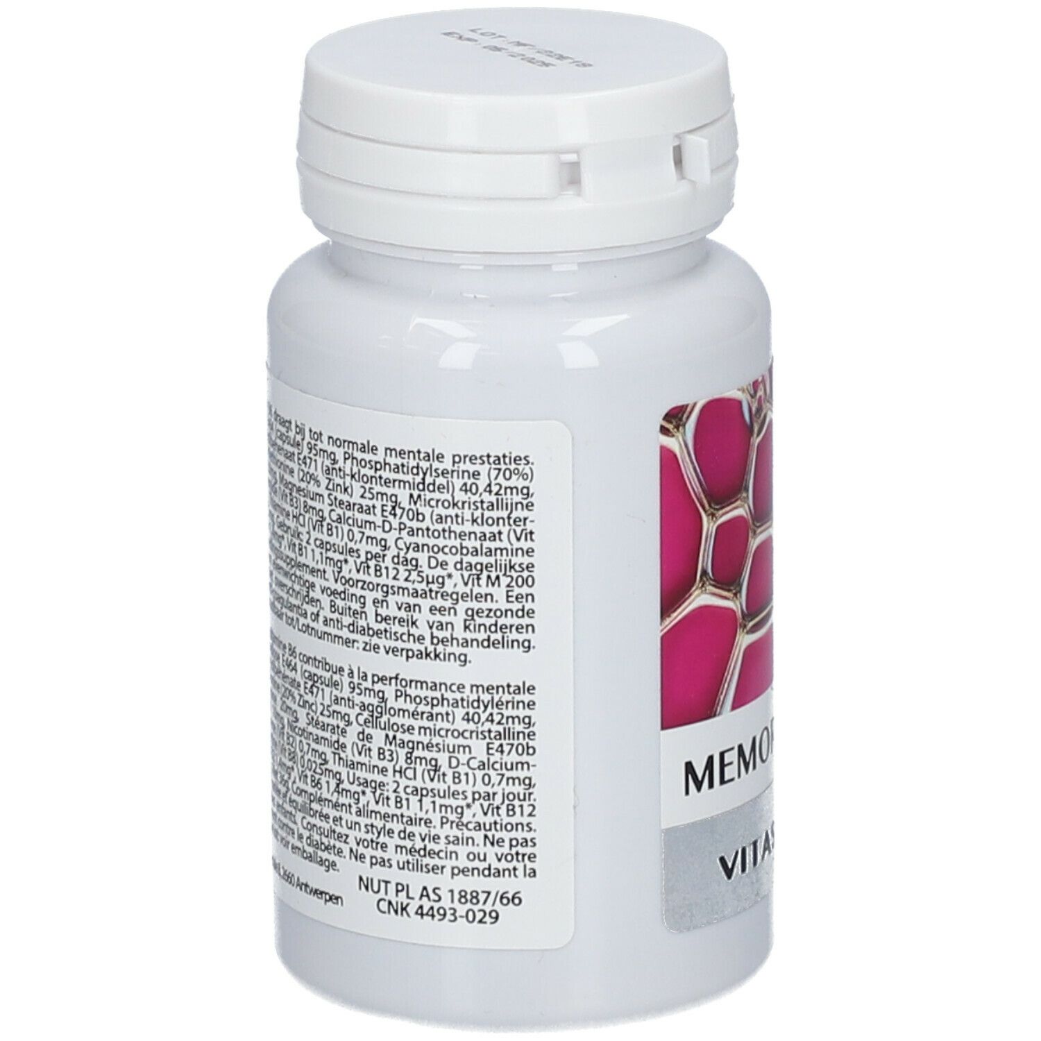 Dos d'un flacon blanc de gélules. Texte avec ingrédients et informations nutritionnelles. Étiquette rose et blanche.