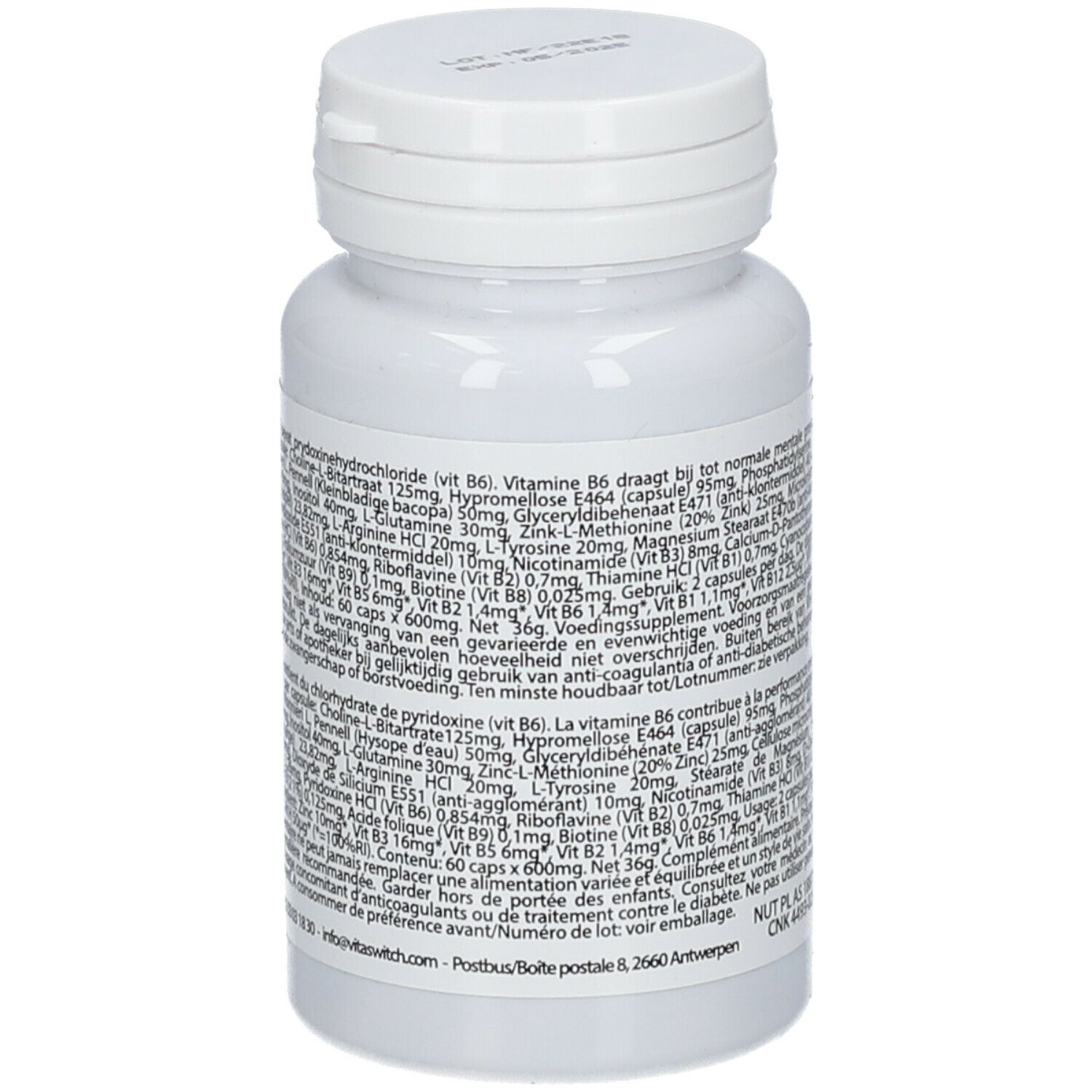 Dos d'un flacon blanc de gélules. Texte avec ingrédients et informations nutritionnelles. Étiquette rose et blanche.