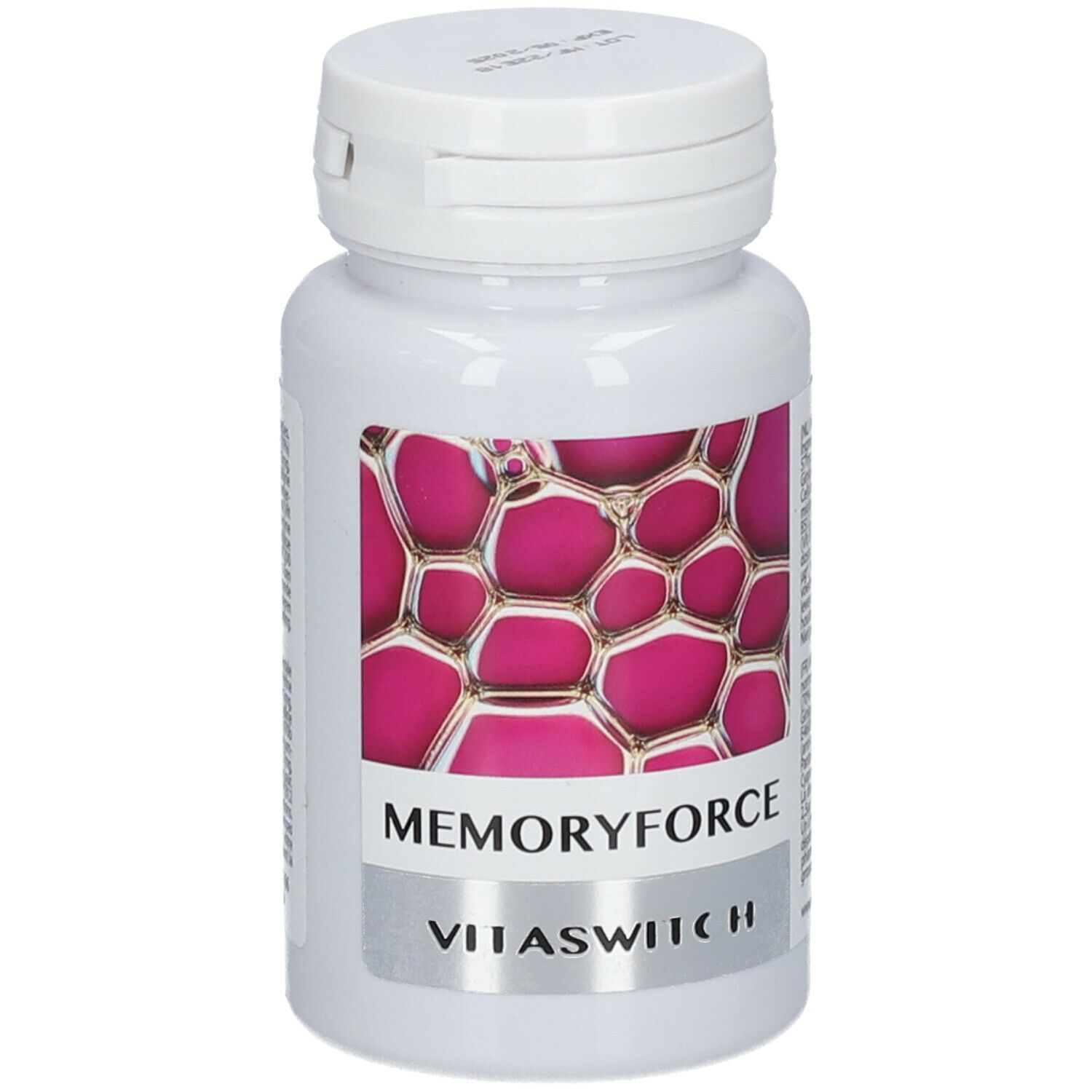 Flacon blanc de gélules. Inscription : Memoryforce, VitaSwitch. Étiquette rose et blanche avec motif cellulaire.