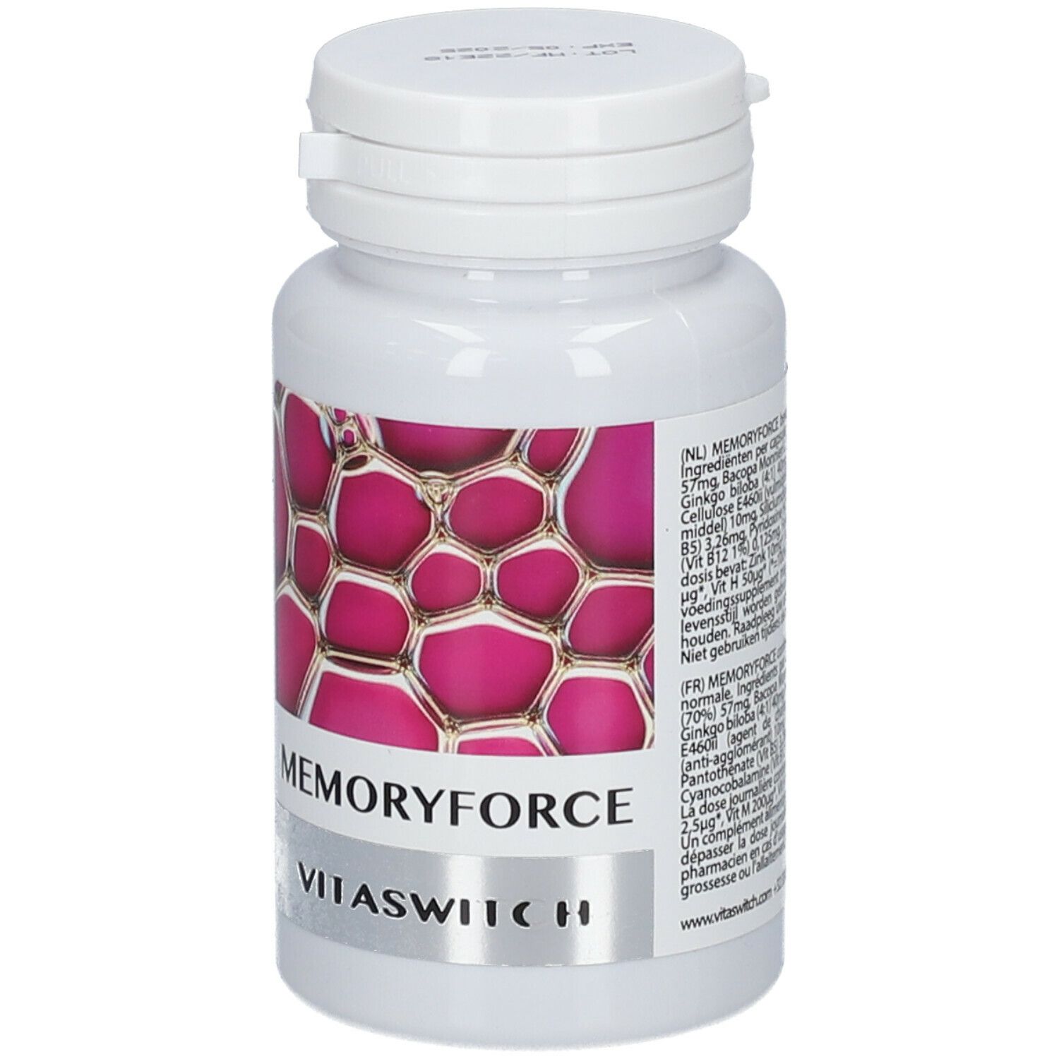 Flacon blanc de gélules. Inscription : Memoryforce, VitaSwitch. Étiquette rose et blanche avec motif cellulaire et texte.