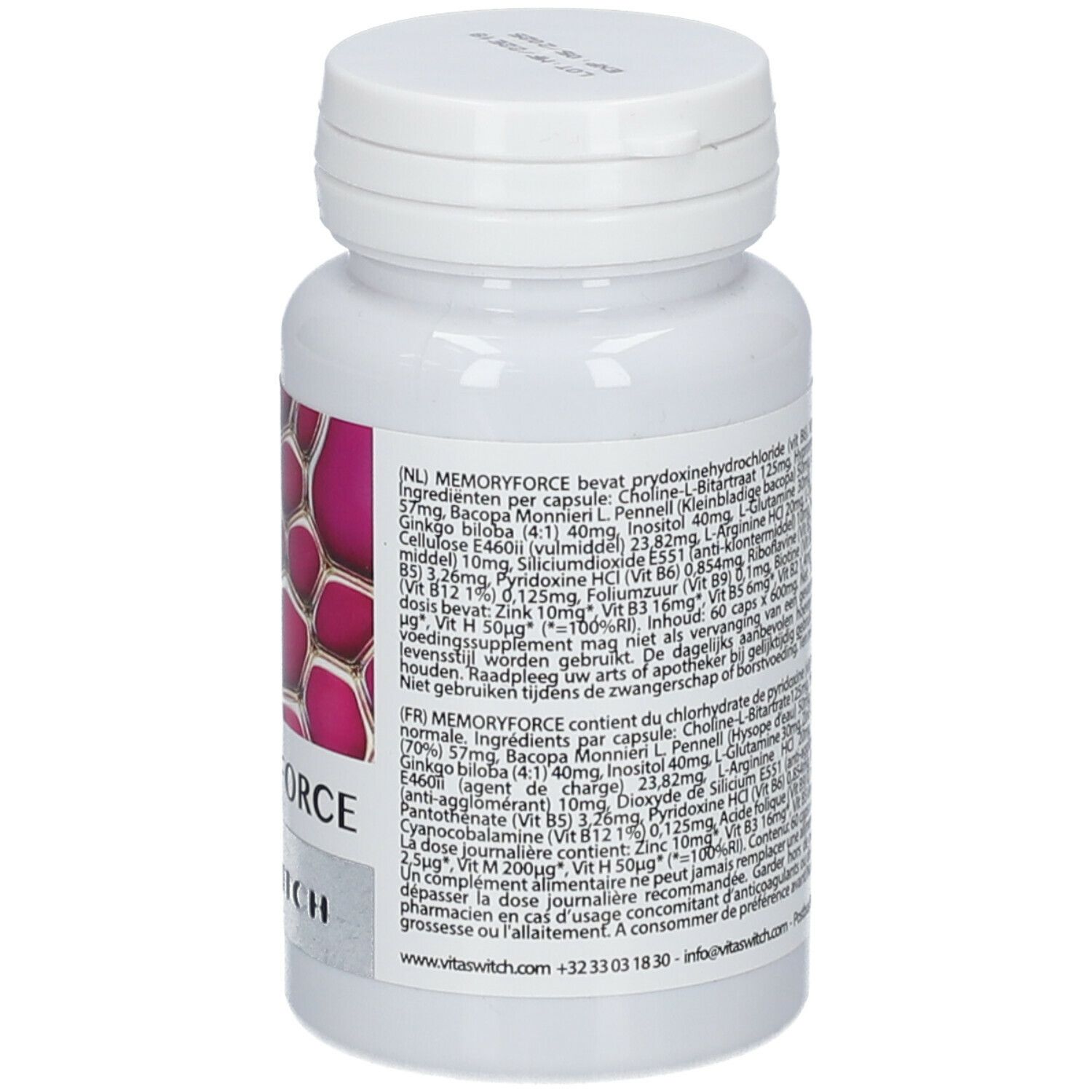 Dos d'un flacon blanc de gélules. Texte avec ingrédients et informations nutritionnelles. Étiquette rose et blanche.