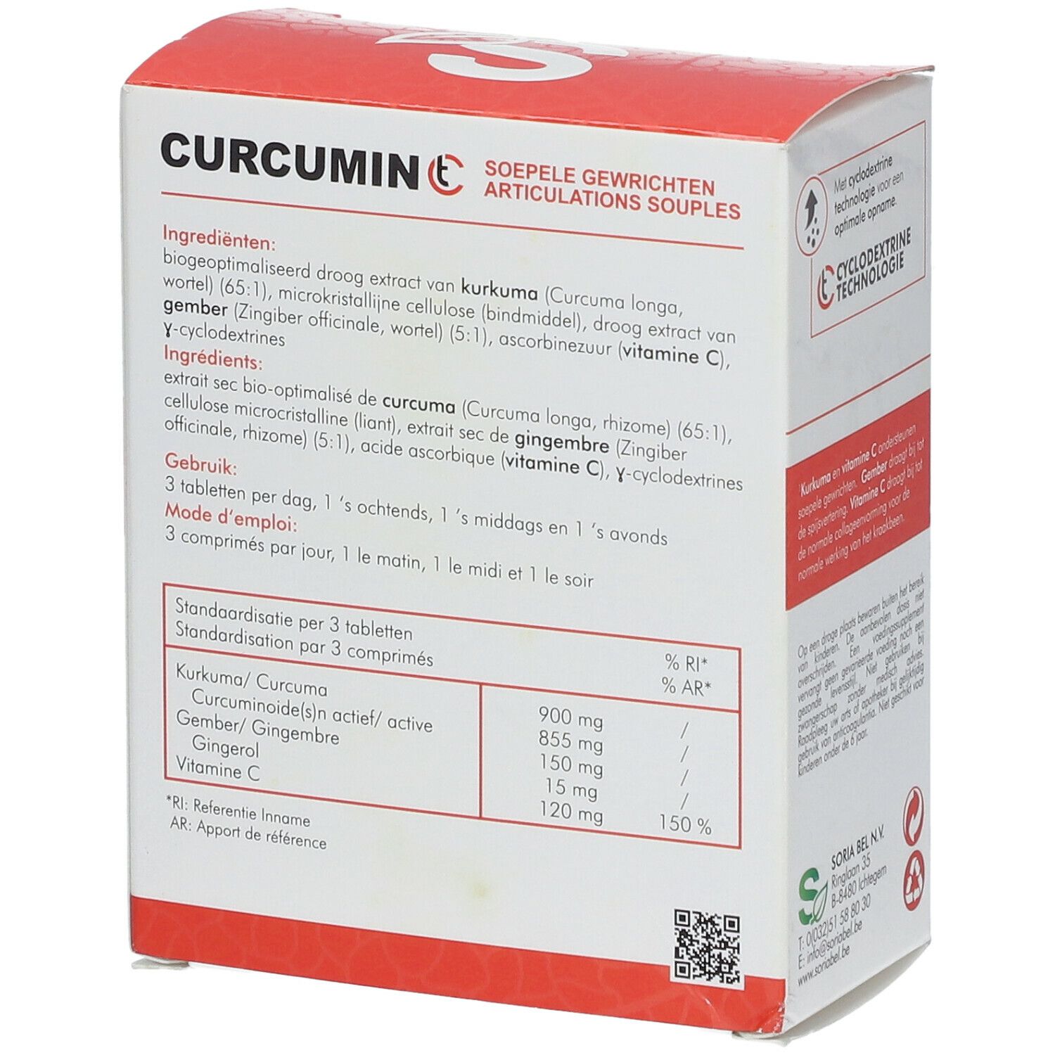 Achterkant van de witte en rode doos met CURCUMIN C. Bevat informatie over ingrediënten en dosering.