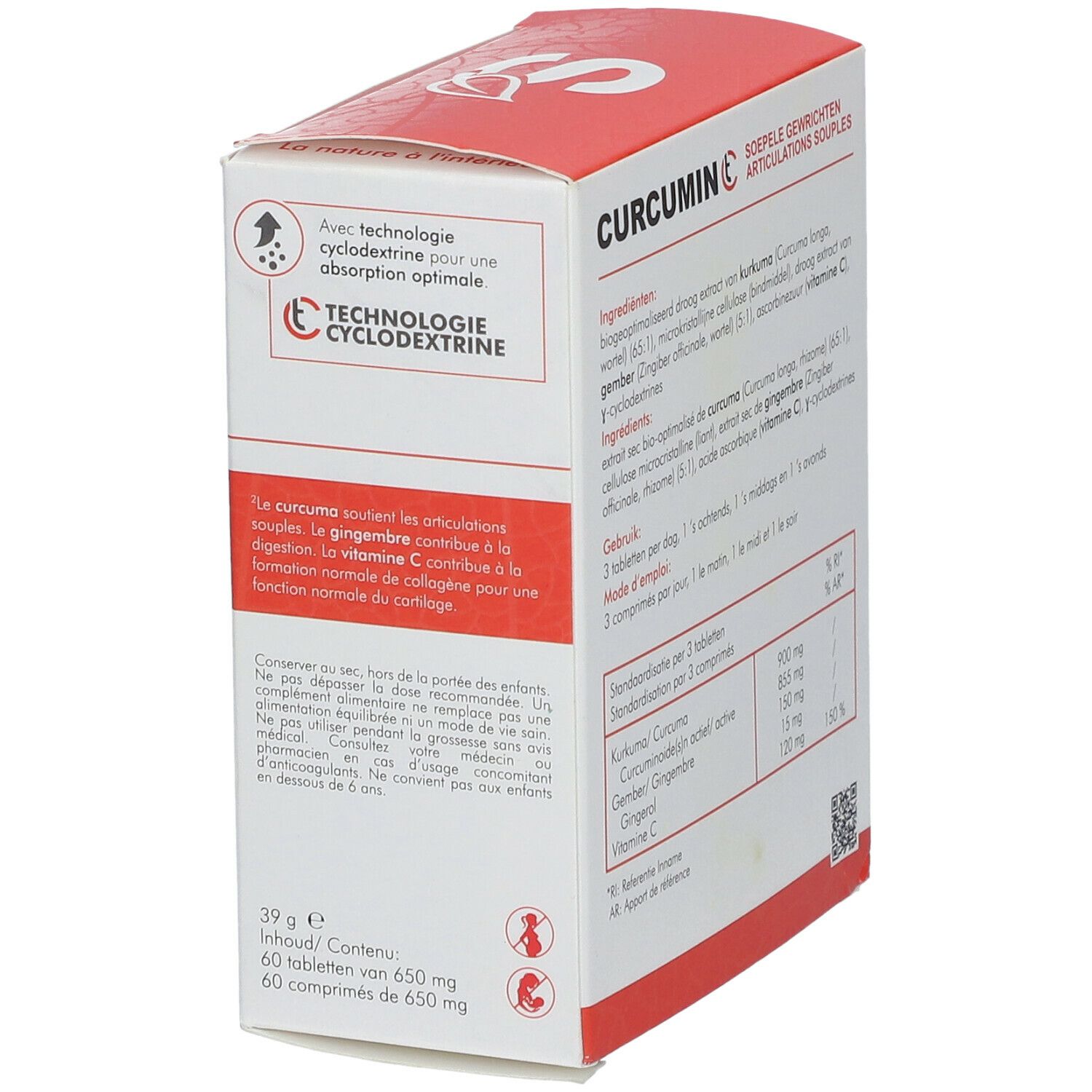 Doos met CURCUMIN C. Bevat 60 tabletten. Bevat vitamine C, Curcuma Longa en Zingiber Officinale. Zijaanzicht.