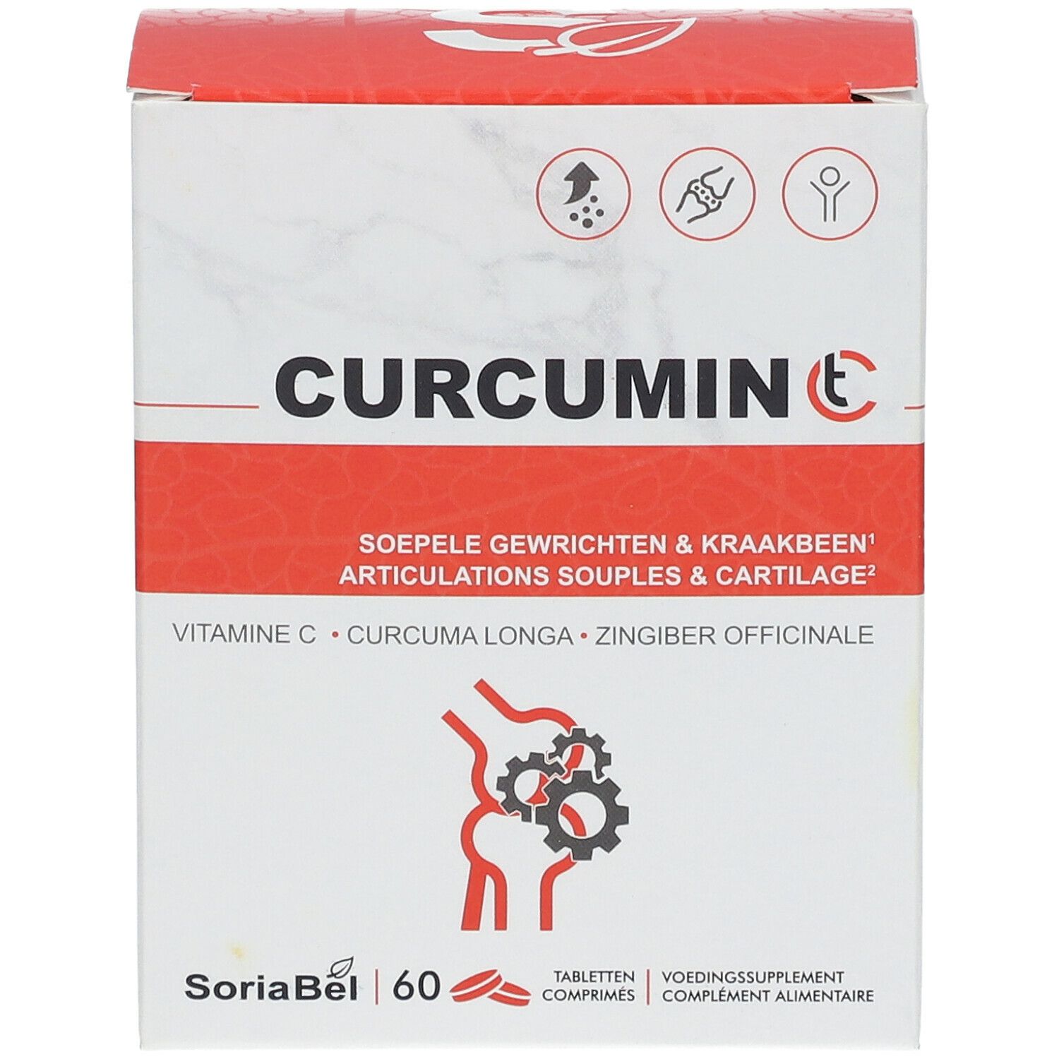 Wit en rode doos met CURCUMIN C. Bevat 60 tabletten. Bevat vitamine C, Curcuma Longa en Zingiber Officinale.