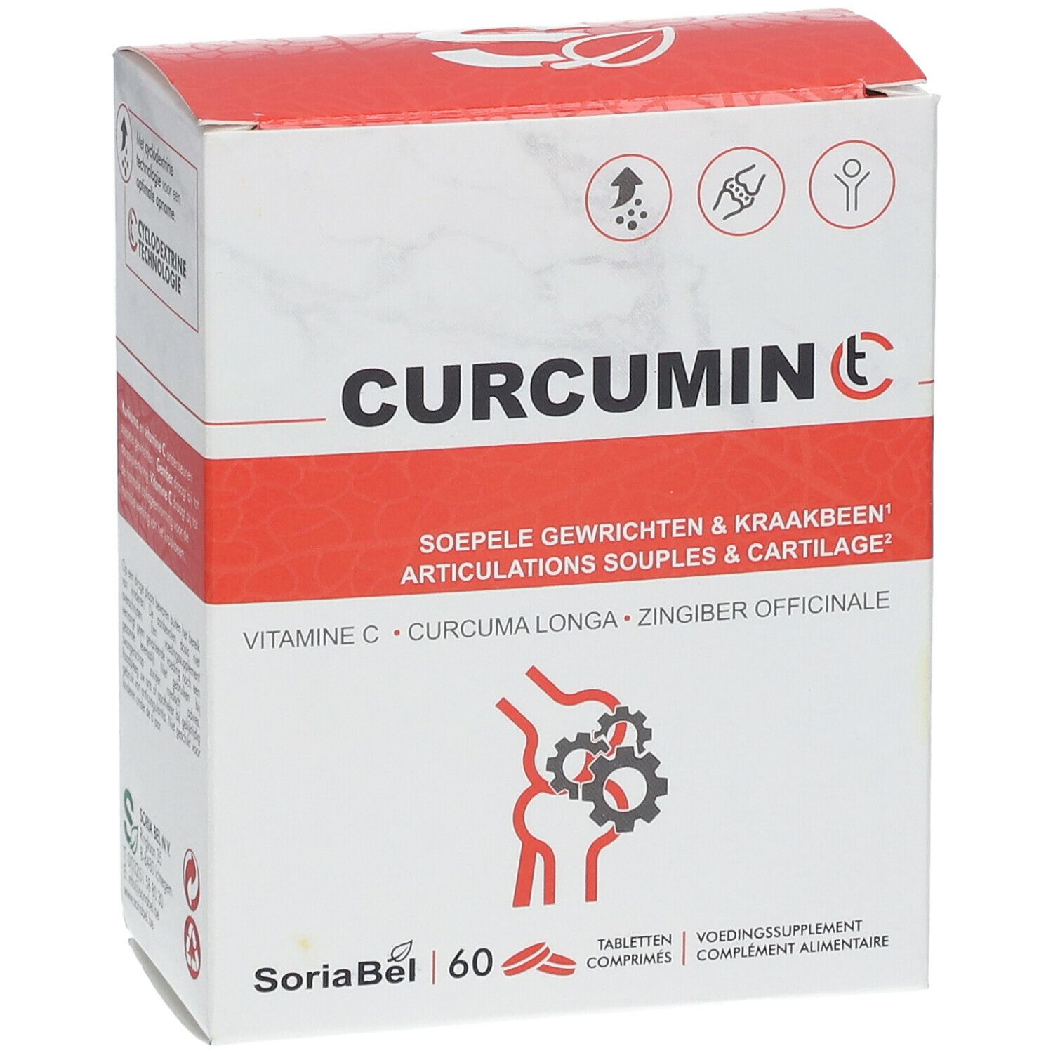Wit en rode doos met CURCUMIN C. Bevat 60 tabletten. Bevat vitamine C, Curcuma Longa en Zingiber Officinale.