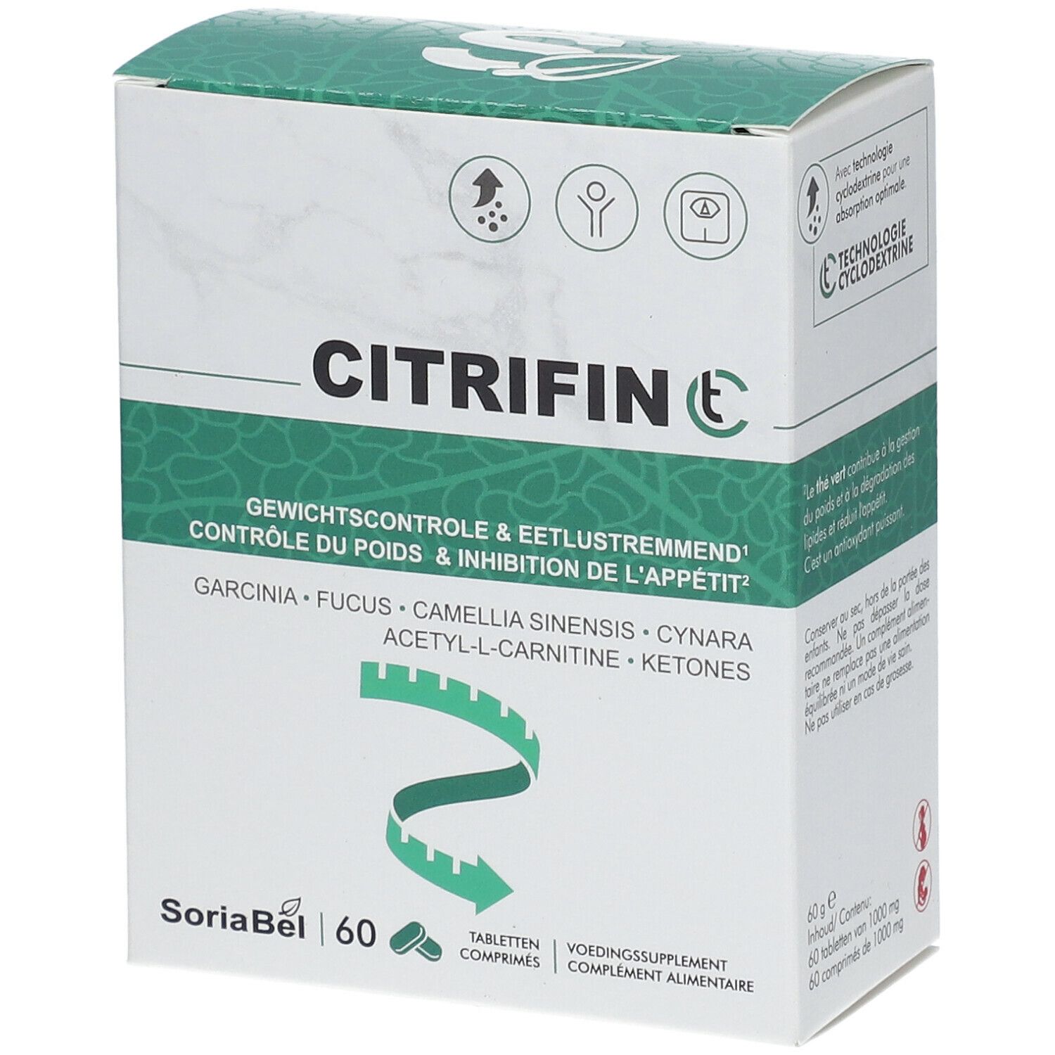 Witte doos "Citrifin C". Bevat 60 tabletten. Tekst: Gewichtcontrole & eetlustremmend. Ingrediënten vermeld.