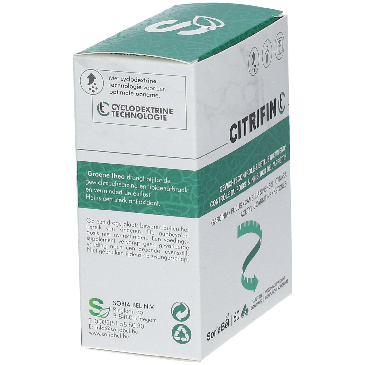 Doos "Citrifin C". Tekst: Gewichtcontrole & eetlustremmend. Achterkant met ingrediënten en gebruiksaanwijzing. 60 tabletten.