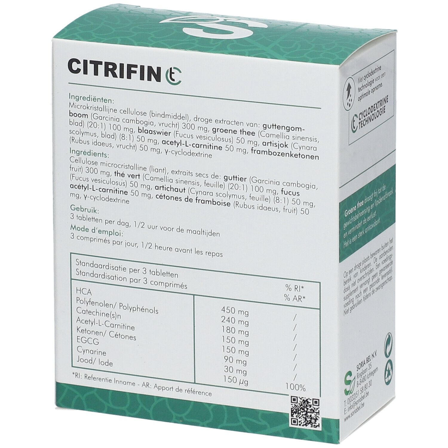 Achterkant verpakking "Citrifin C". Bevat ingrediënten en voedingswaarde-informatie. Gebruiksaanwijzing. 60 tabletten.