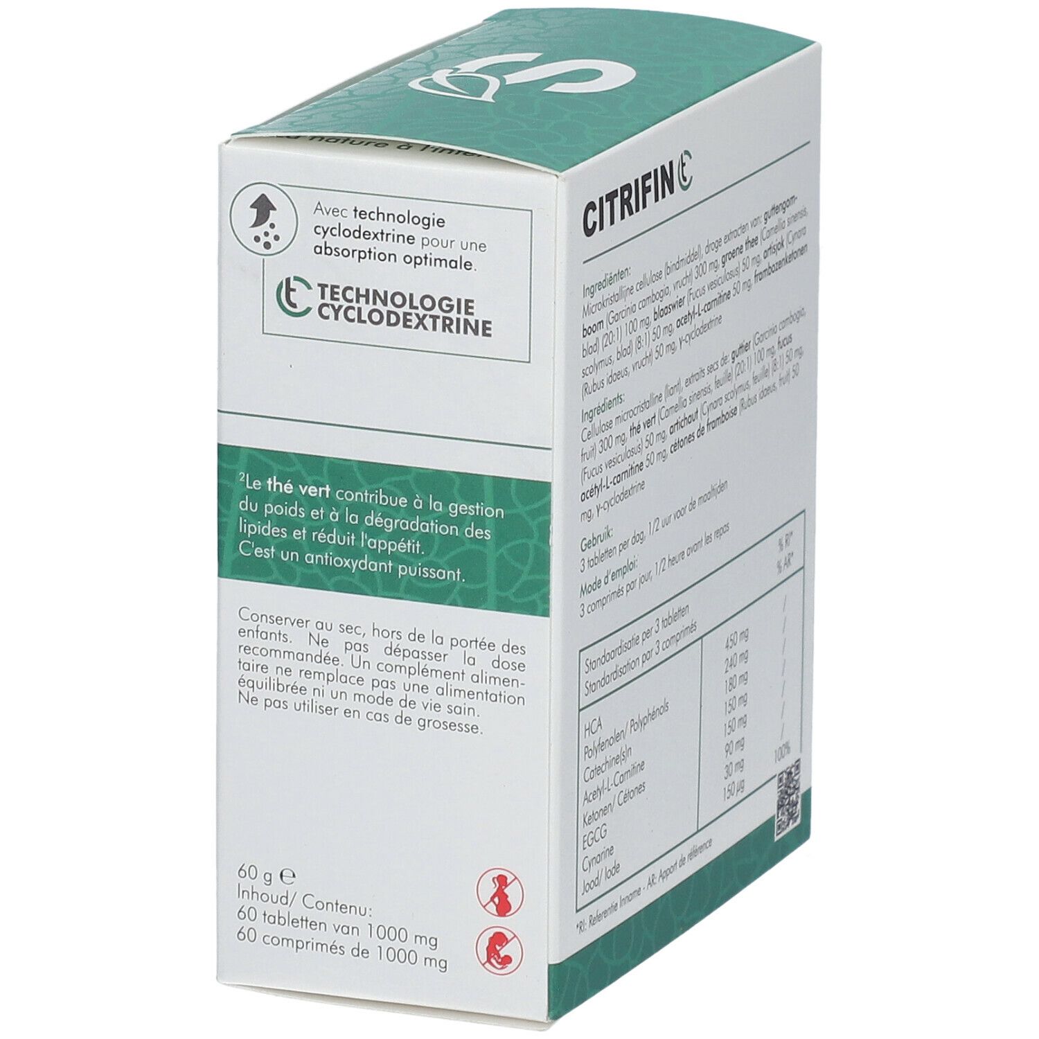 Zijaanzicht van de verpakking "Citrifin C". Bevat ingrediënten en gebruiksaanwijzing. 60 tabletten.