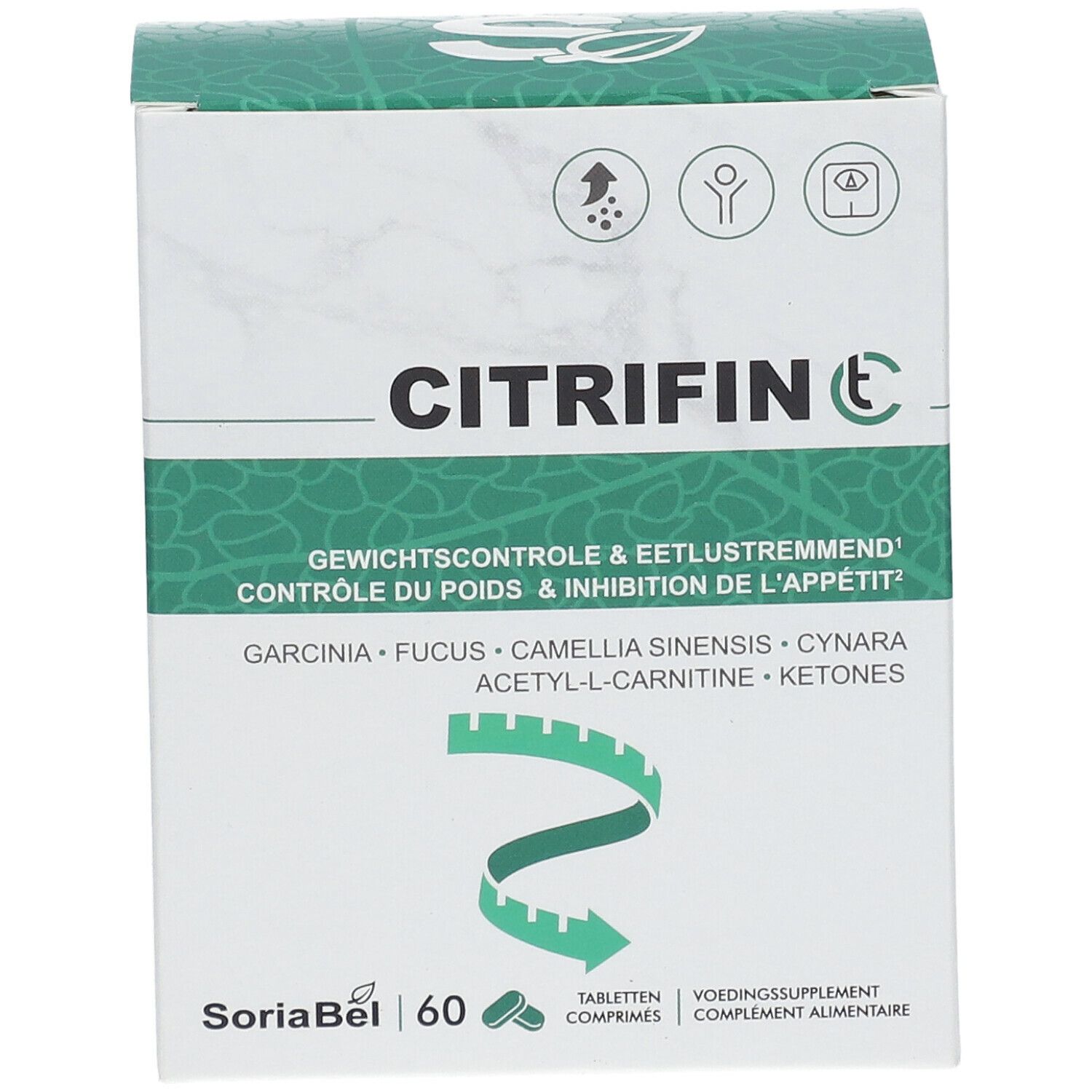 Schuine weergave van de doos "Citrifin C". Bevat 60 tabletten. Tekst: Gewichtcontrole & eetlustremmend. Ingrediënten vermeld.