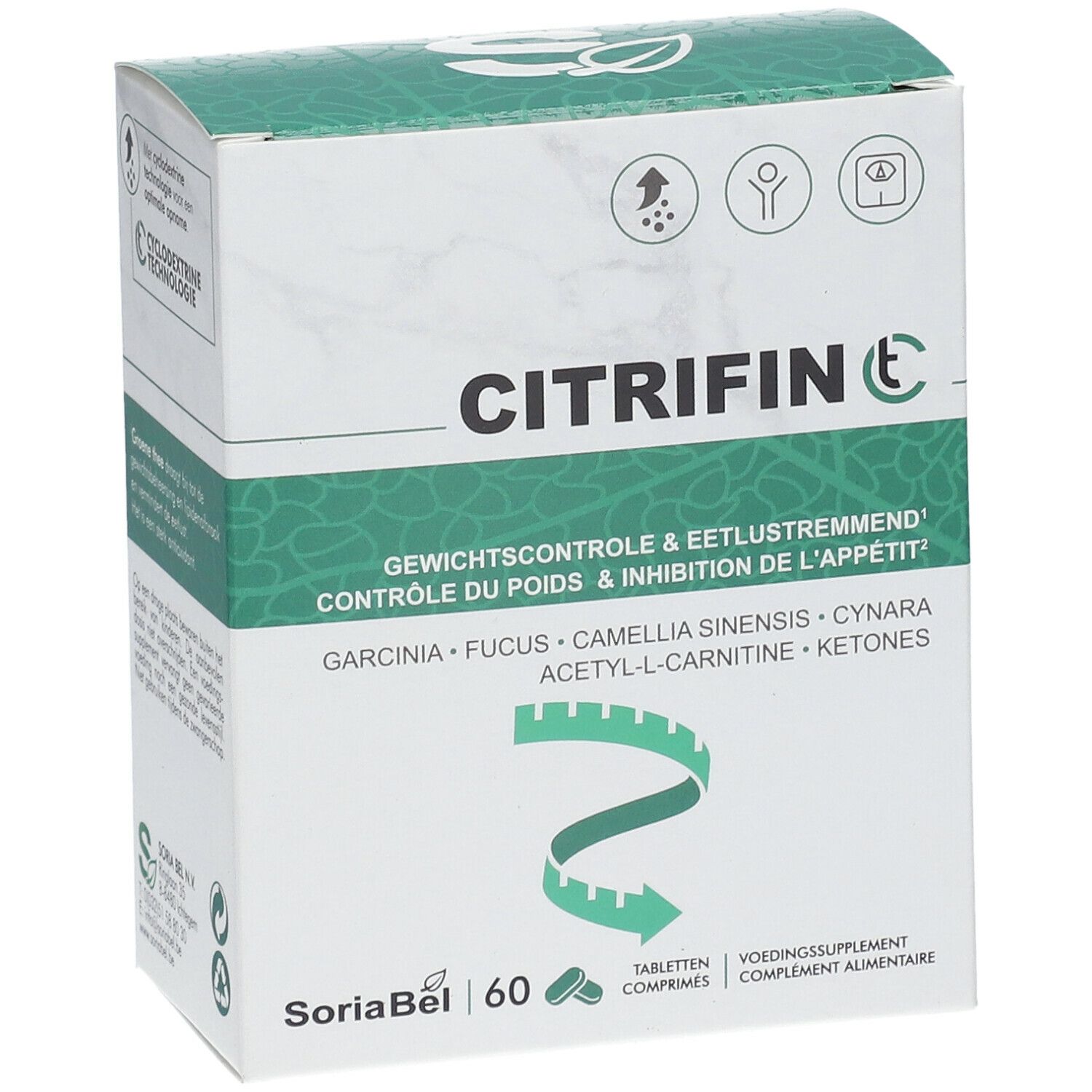 Verpakking "Citrifin C". Bevat 60 tabletten. Tekst: Gewichtcontrole & eetlustremmend. Ingrediënten vermeld.