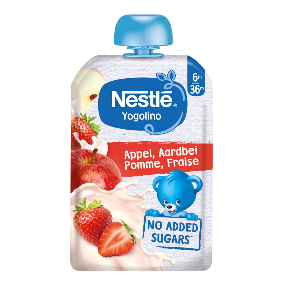 Knijpzakje Nestlé Yogolino Appel, Aardbei. Afbeelding van appel, aardbei en productlogo. Blauwe dop.