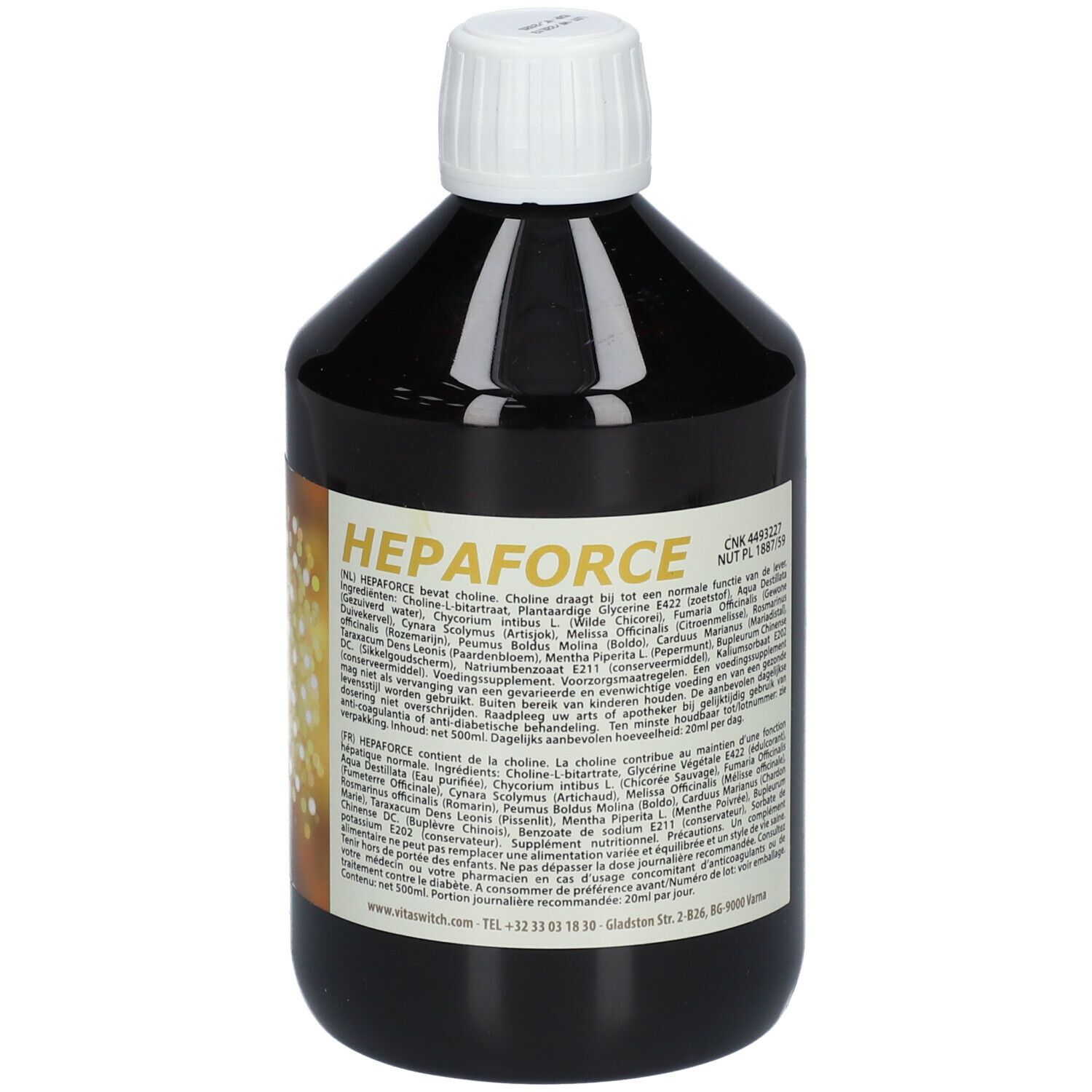 Bouteille marron avec bouchon blanc. Étiquette avec texte: HEPAFORCE. Étiquette du produit avec ingrédients et informations.