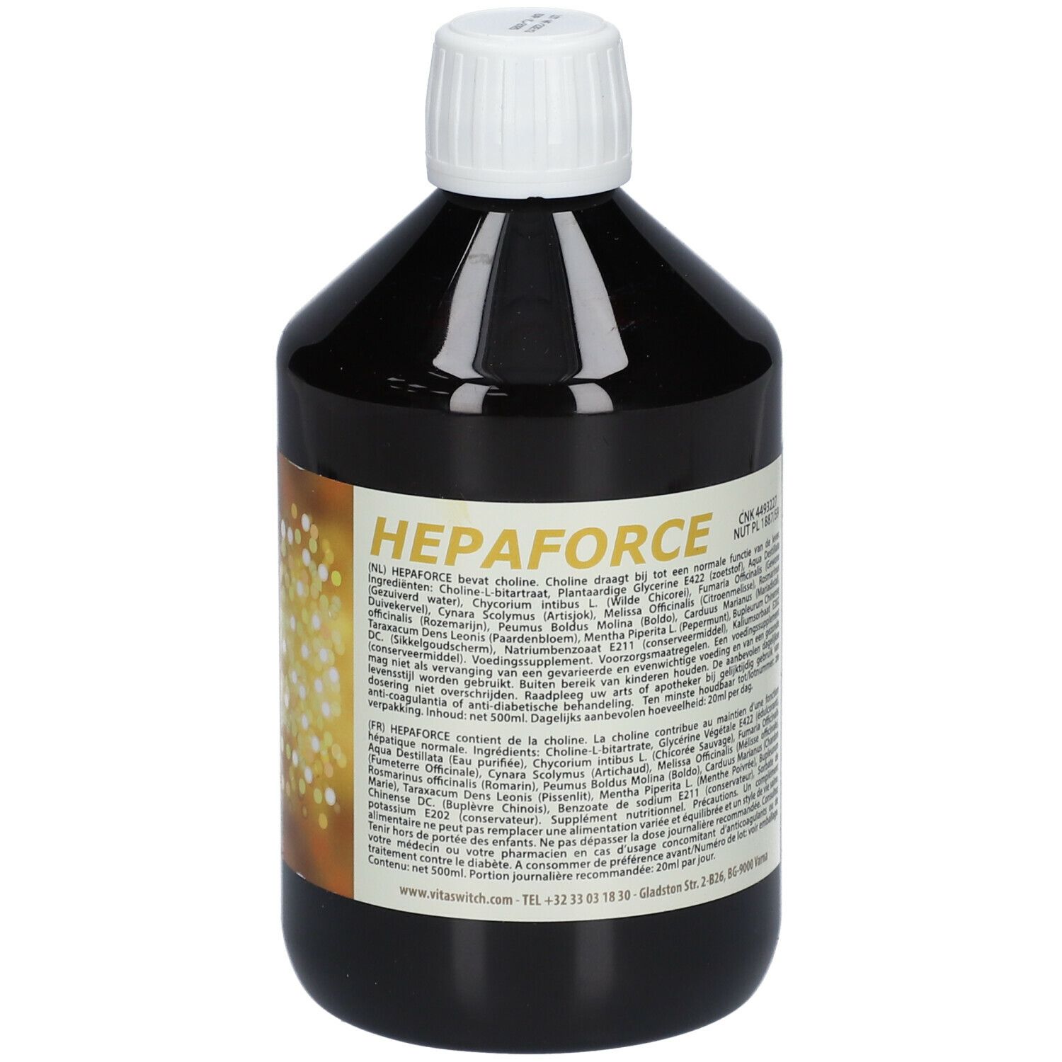 Bouteille marron avec bouchon blanc. Étiquette avec texte: HEPAFORCE. Étiquette du produit avec ingrédients et informations.
