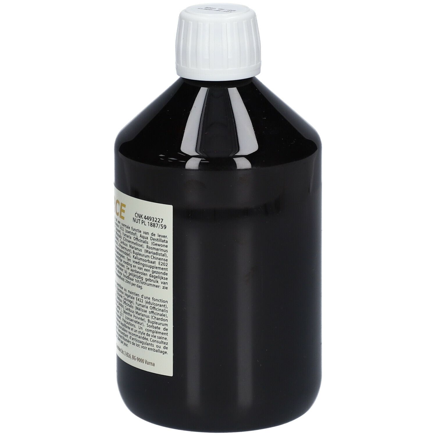Bouteille marron avec bouchon blanc. Étiquette avec texte: HEPAFORCE. Étiquette du produit avec ingrédients et informations.