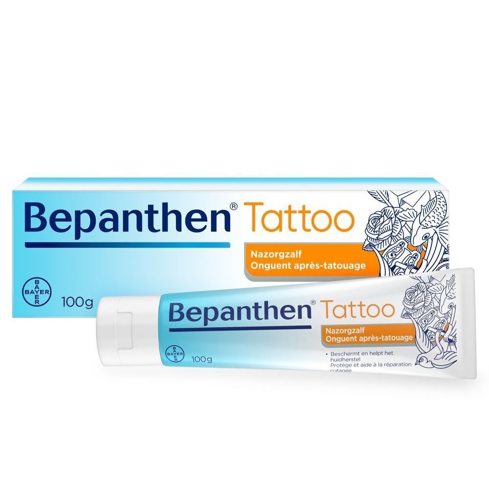 Emballage Bepanthen Tattoo Onguent après-tatouage. Tube et boîte. Couleurs blanc et bleu. Logo Bayer.