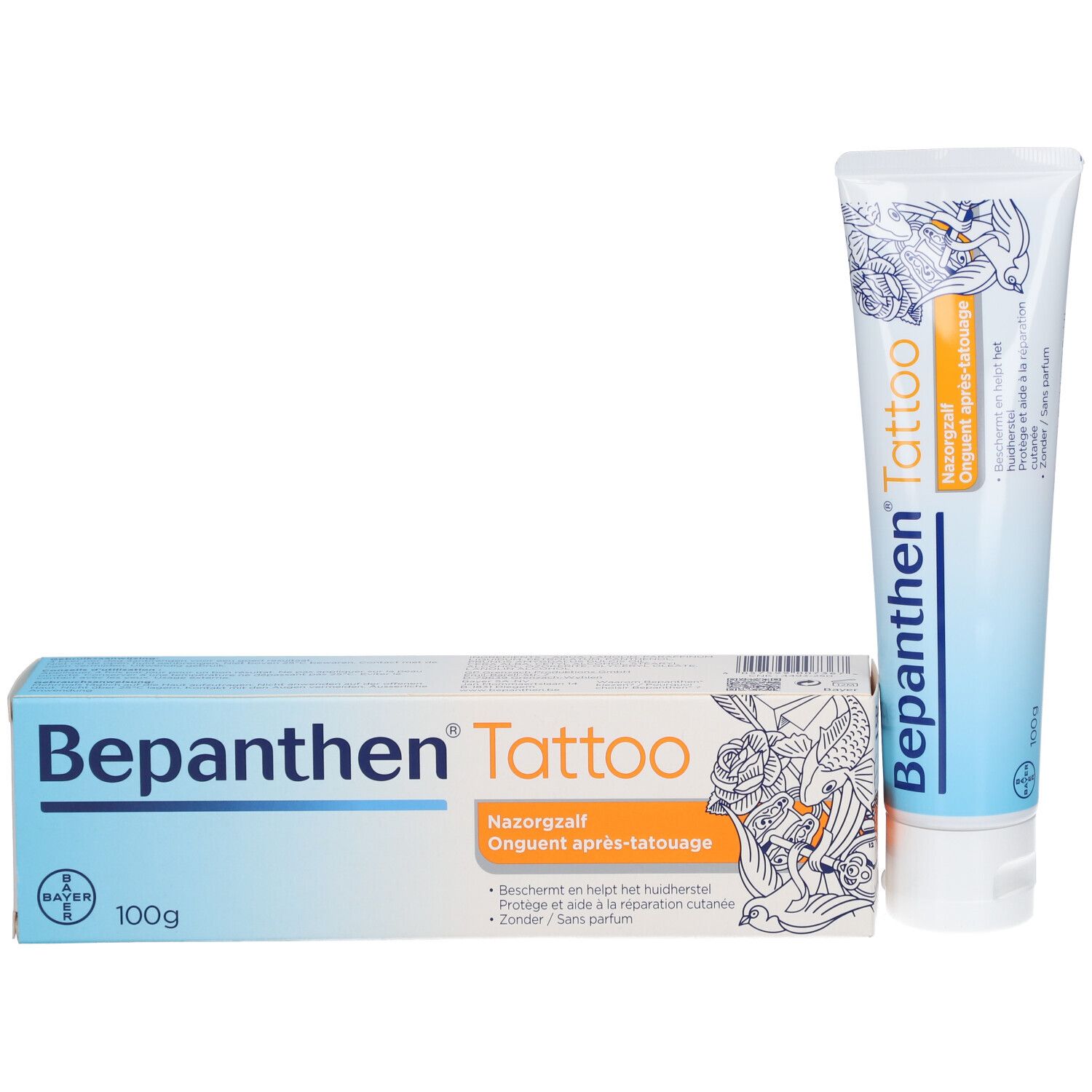 Produktverpackung Bepanthen Tattoo Nazorgzalf. Tube und Schachtel. Weiß-blaue Farbgebung. Bayer-Logo.