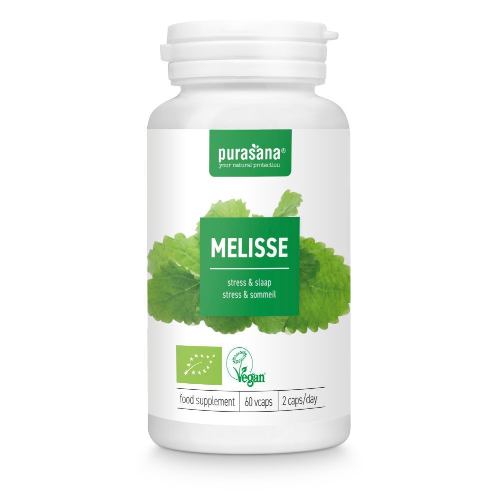 Flacon blanc avec étiquette verte. Inscription: MELISSE, stress & sommeil. Label Vegan. 60 gélules, 2 gélules/jour.