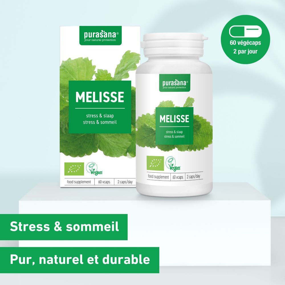 Emballage et flacon. Emballage: MELISSE, stress & sommeil. Label Vegan. Flacon: 60 gélules, 2 gélules/jour.