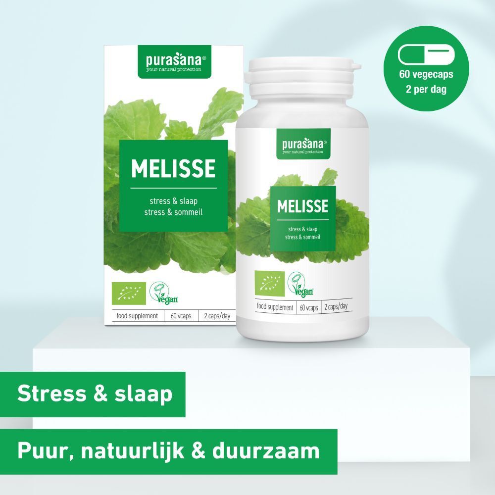 Verpakking en fles. Verpakking: MELISSE, stress & slaap. Vegan-zegel. Fles: 60 capsules, 2 capsules/dag.