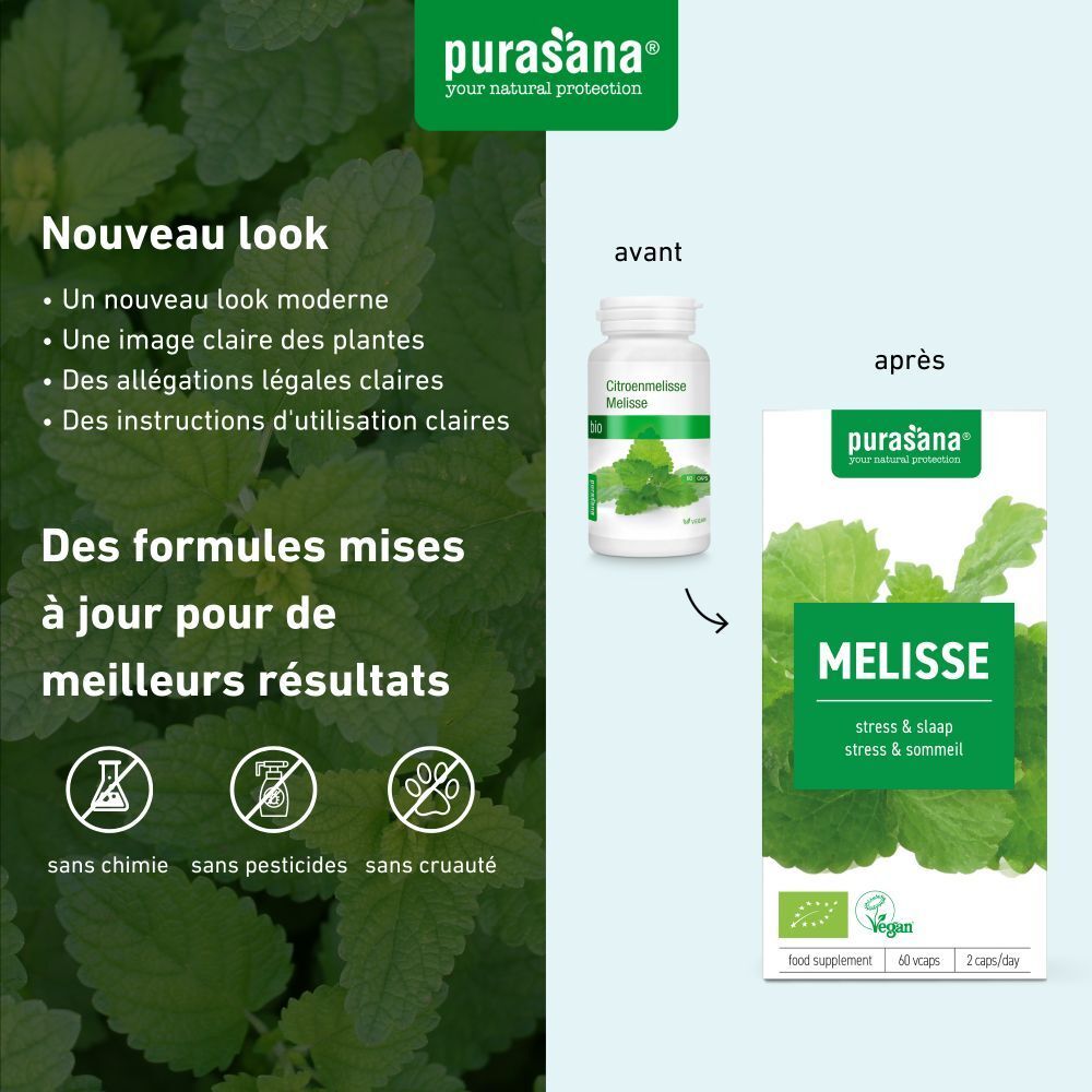 Comparaison ancien et nouvel emballage. Nouvel emballage: MELISSE, stress & sommeil. Label Vegan. Flacon: 60 gélules, 2/jour.