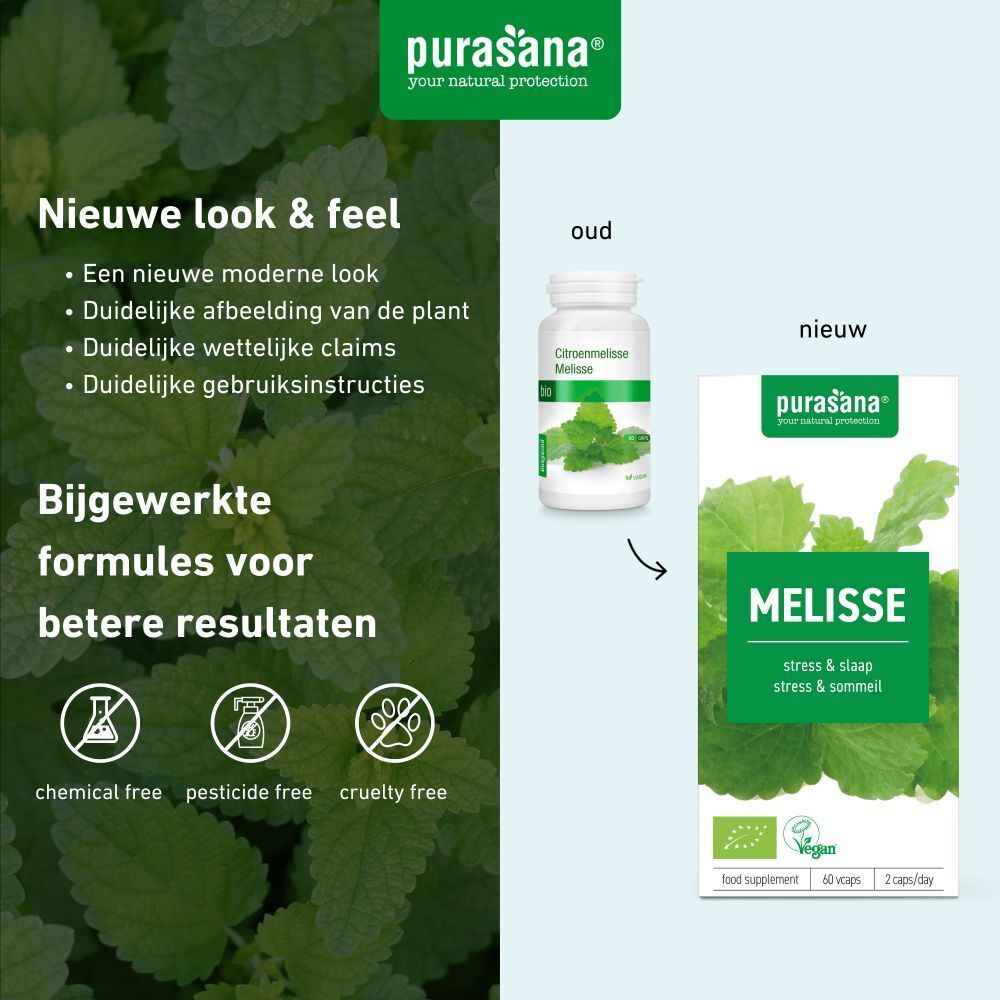 Vergelijking oude en nieuwe verpakking. Nieuwe verpakking: MELISSE, stress & slaap. Vegan-zegel. Fles: 60 capsules, 2/dag.