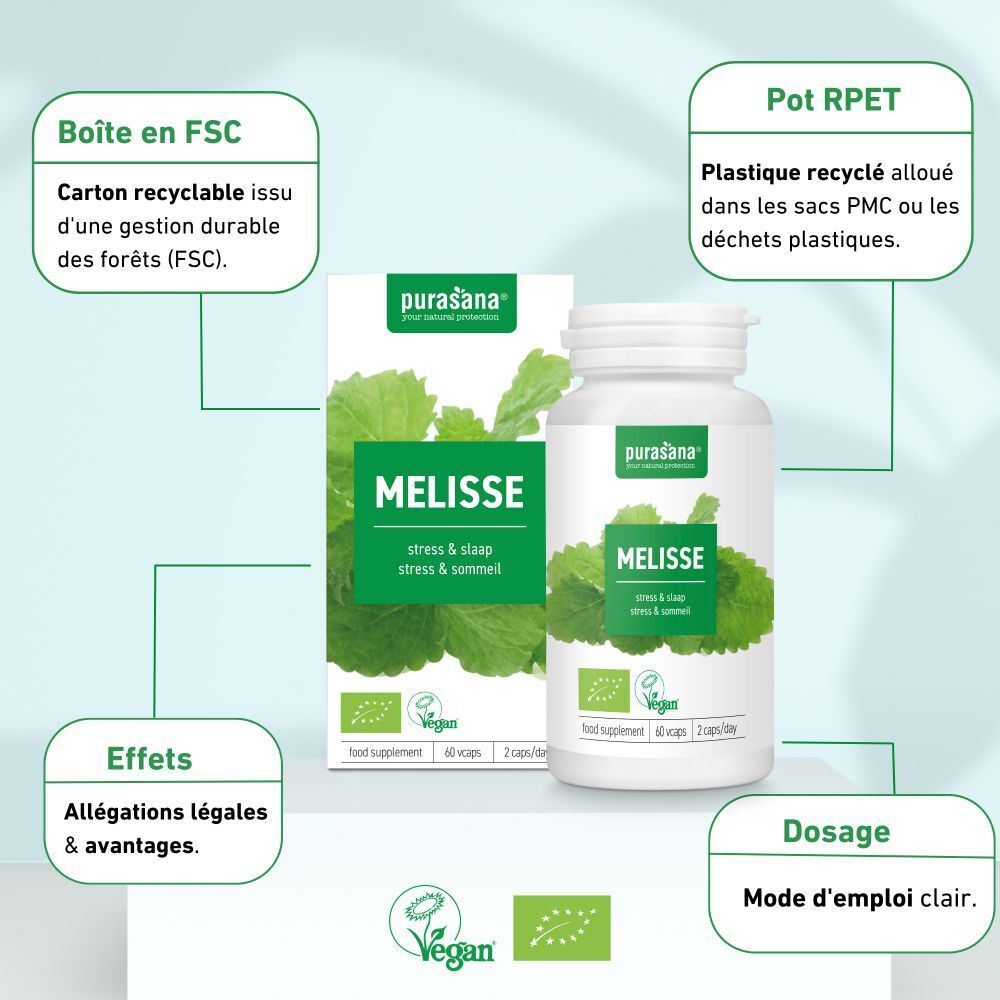 Emballage et flacon. Emballage: MELISSE, stress & sommeil. Label Vegan. Flacon: 60 gélules, 2 gélules/jour.