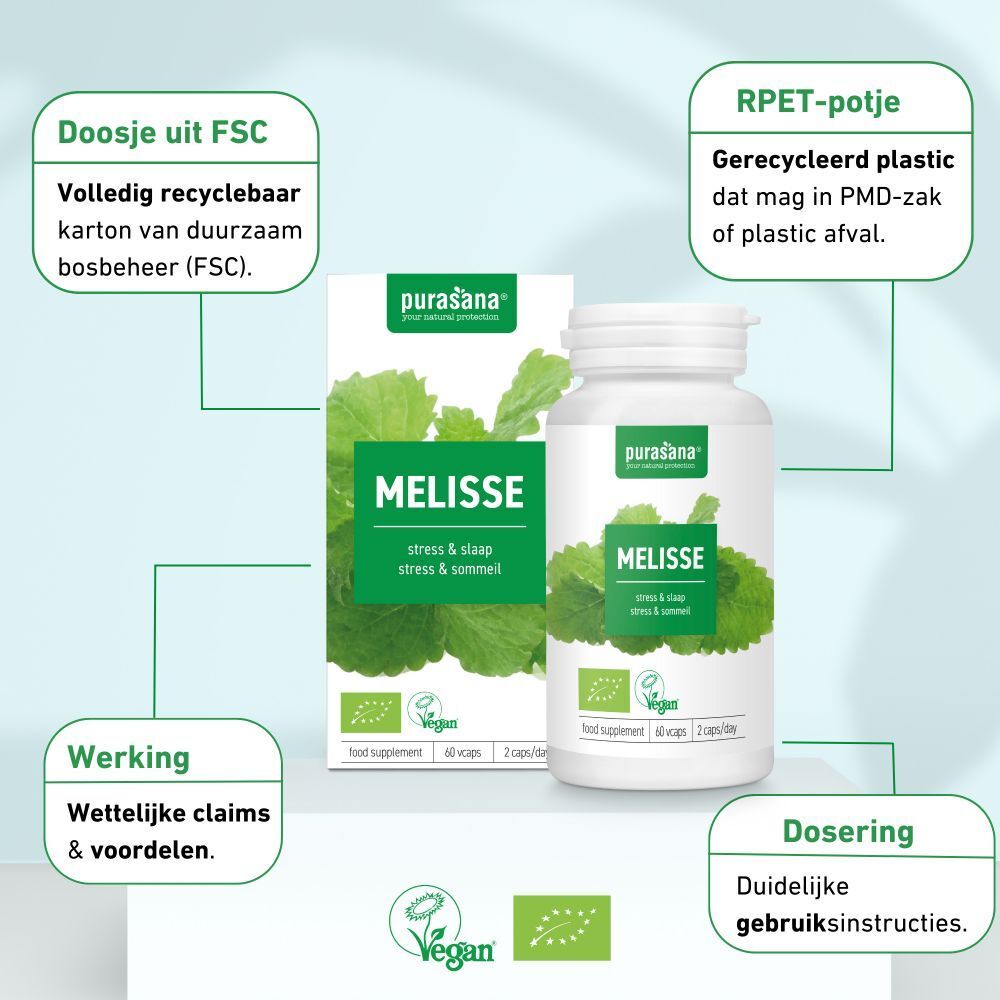 Verpakking en fles. Verpakking: MELISSE, stress & slaap. Vegan-zegel. Fles: 60 capsules, 2 capsules/dag.