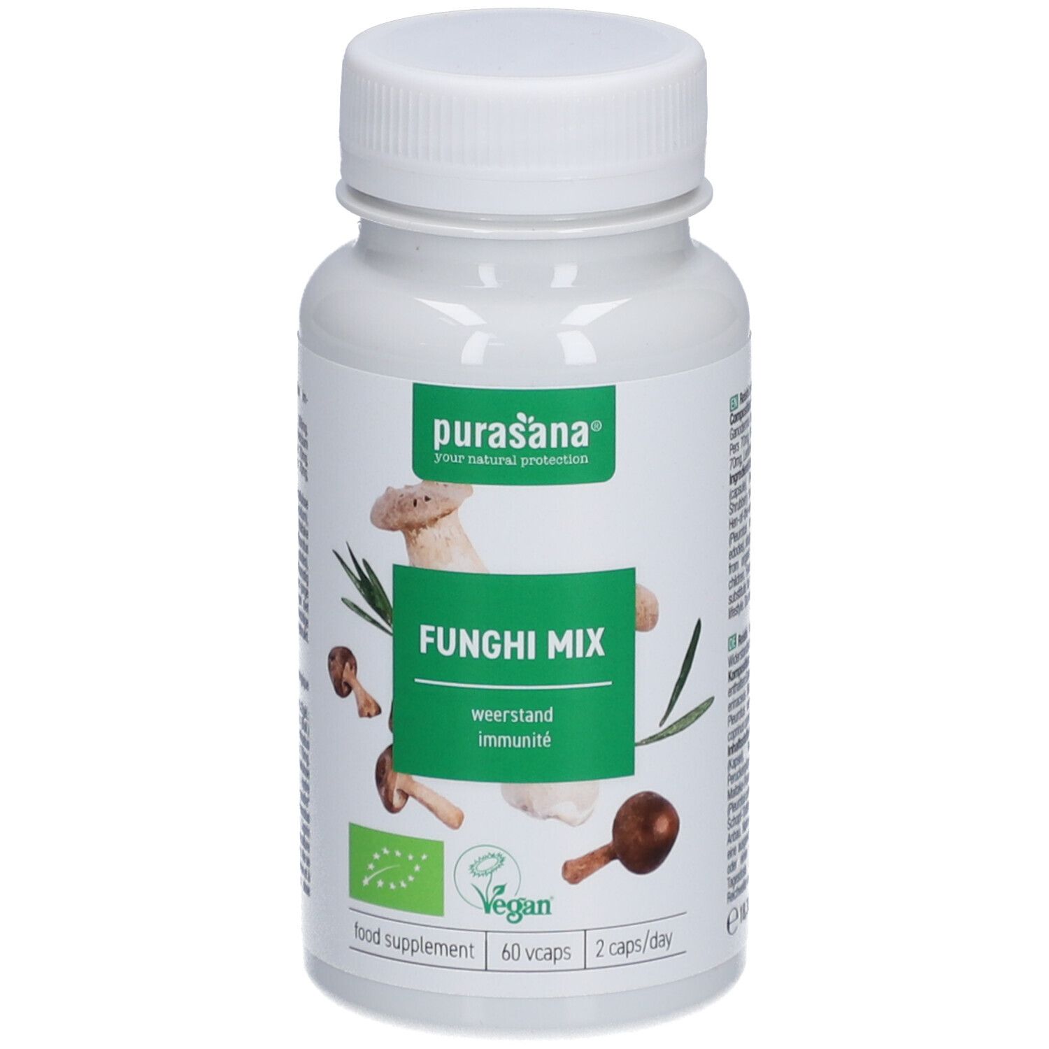 Weiße Flasche mit Kapseln. Aufschrift: Funghi Mix, weestand, immunité. Vegan-Siegel. 60 Kapseln, 2 pro Tag.