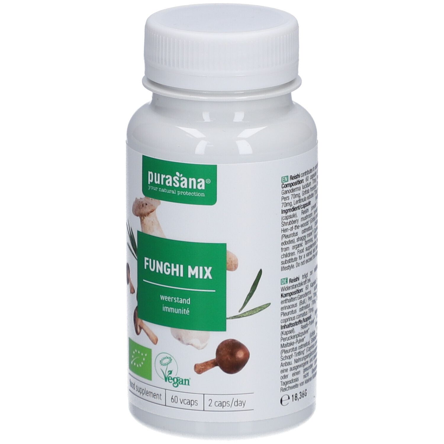 Weiße Flasche mit Kapseln. Aufschrift: Funghi Mix, weestand, immunité. Vegan-Siegel. 60 Kapseln, 2 pro Tag.