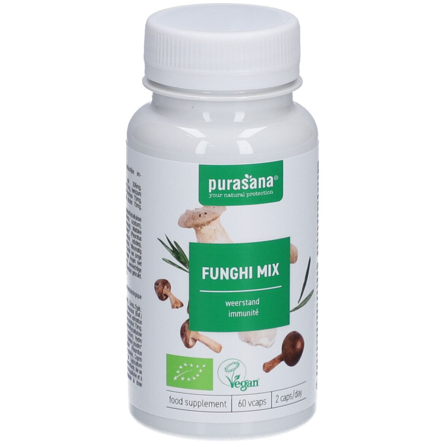 Weiße Flasche mit Kapseln. Aufschrift: Funghi Mix, weestand, immunité. Vegan-Siegel. 60 Kapseln, 2 pro Tag.