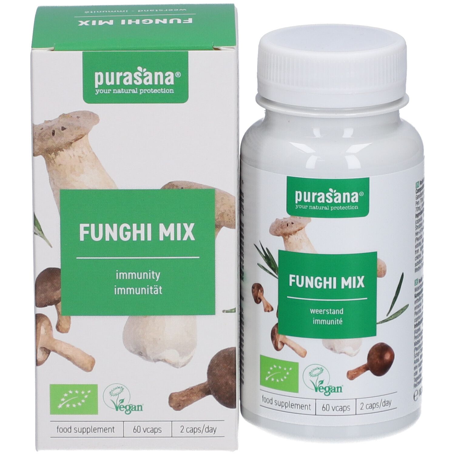 Produktverpackung und Flasche. Aufschrift: Funghi Mix, immunity, immuniteit. Vegan-Siegel. 60 Kapseln, 2 pro Tag.