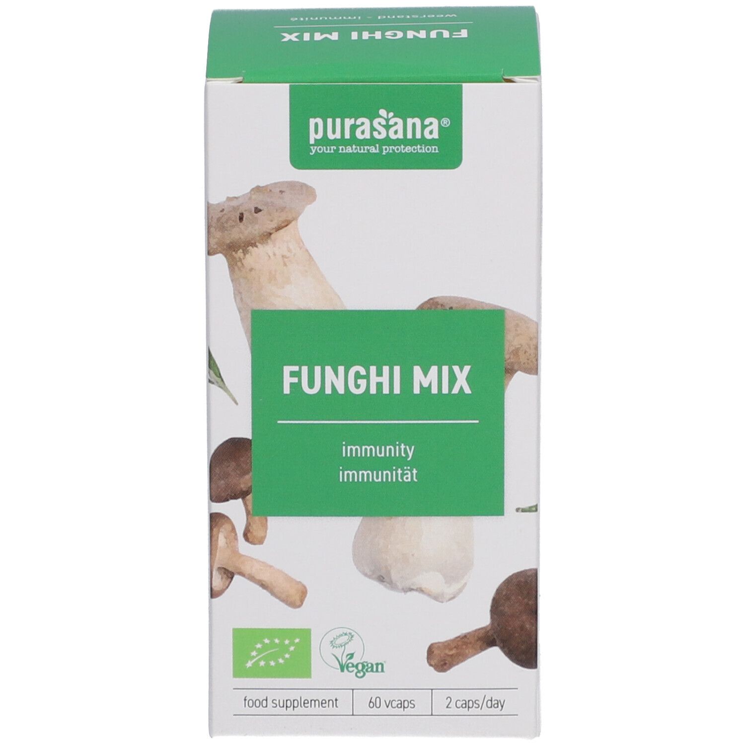 Produktverpackung. Aufschrift: Funghi Mix, immunity, immuniteit. Vegan-Siegel. 60 Kapseln, 2 pro Tag.