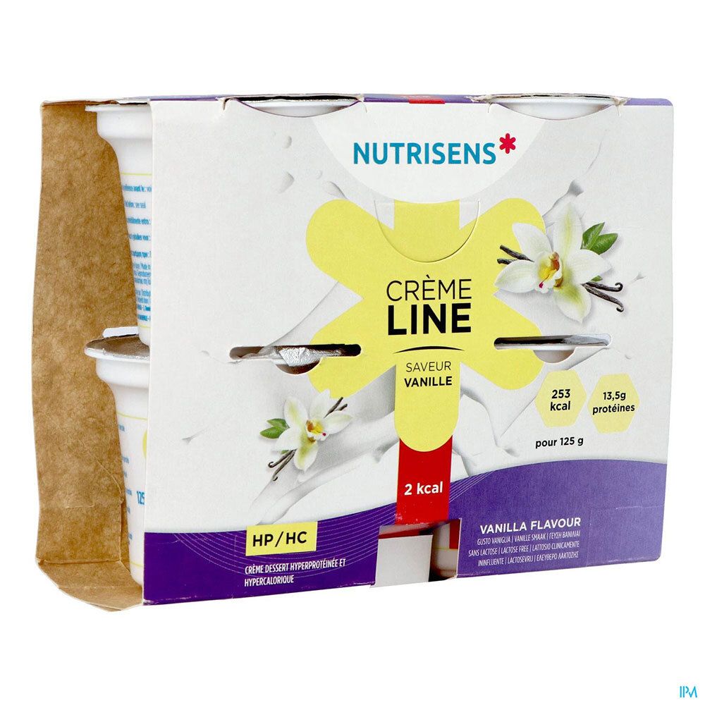 Verpakking met bekers. Opschrift: Crème Line, Vanille, 2 kcal. Merk: Nutrisens. Kartonnen verpakking.