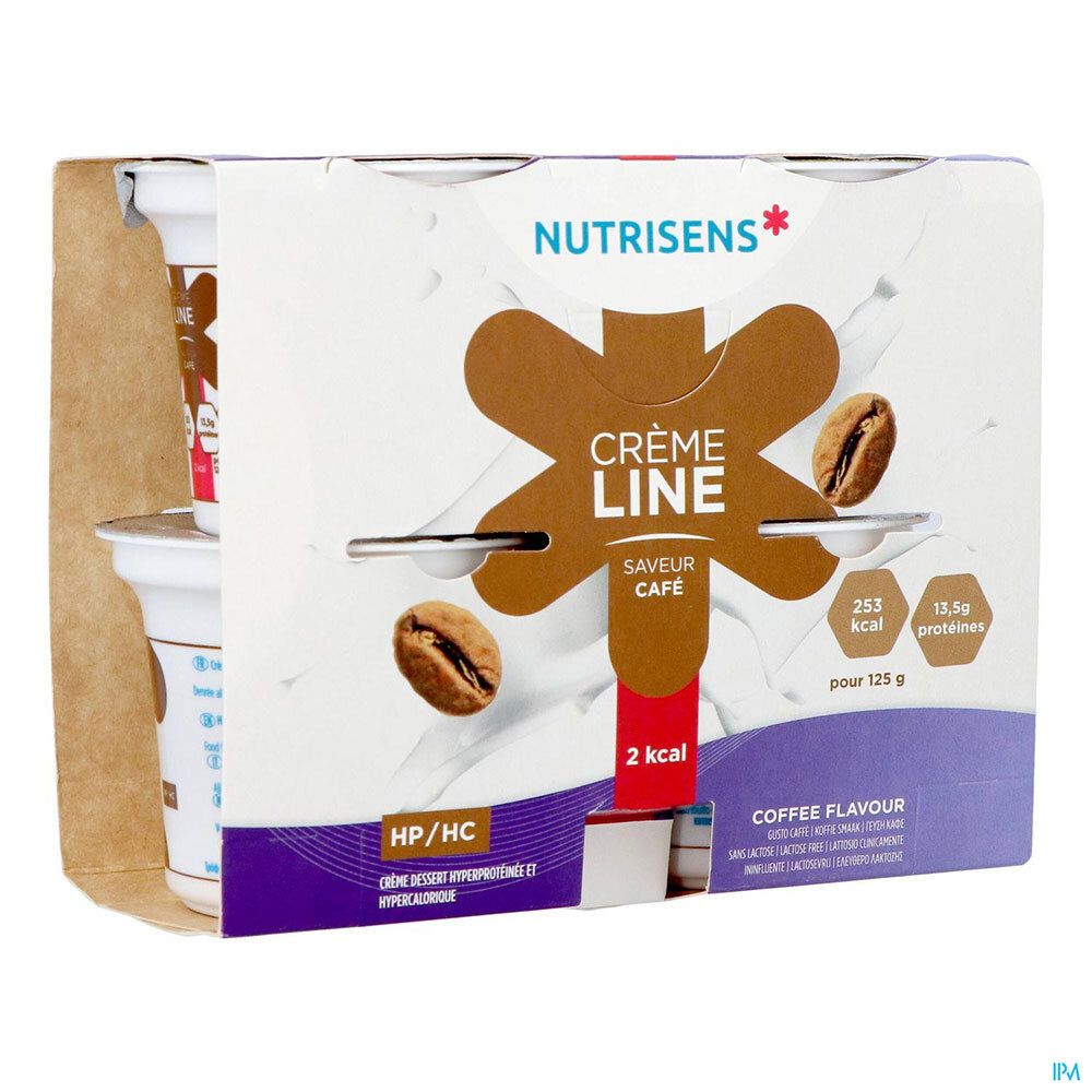 Verpakking met 4 bekers NUTRISENS CRÈMELINE HP/HC Caffè. Opschriften: CRÈME LINE, koffiesmaak, 2 kcal, 13,5g eiwitten.