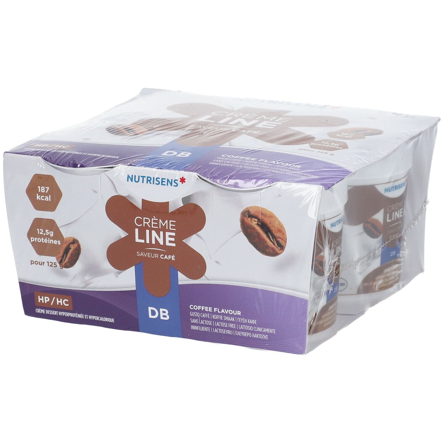 Verpakking met bekers. Opschrift: Nutrisens Crème Line, koffiesmaak, HP/HC, 187 kcal, 12,5g eiwitten.
