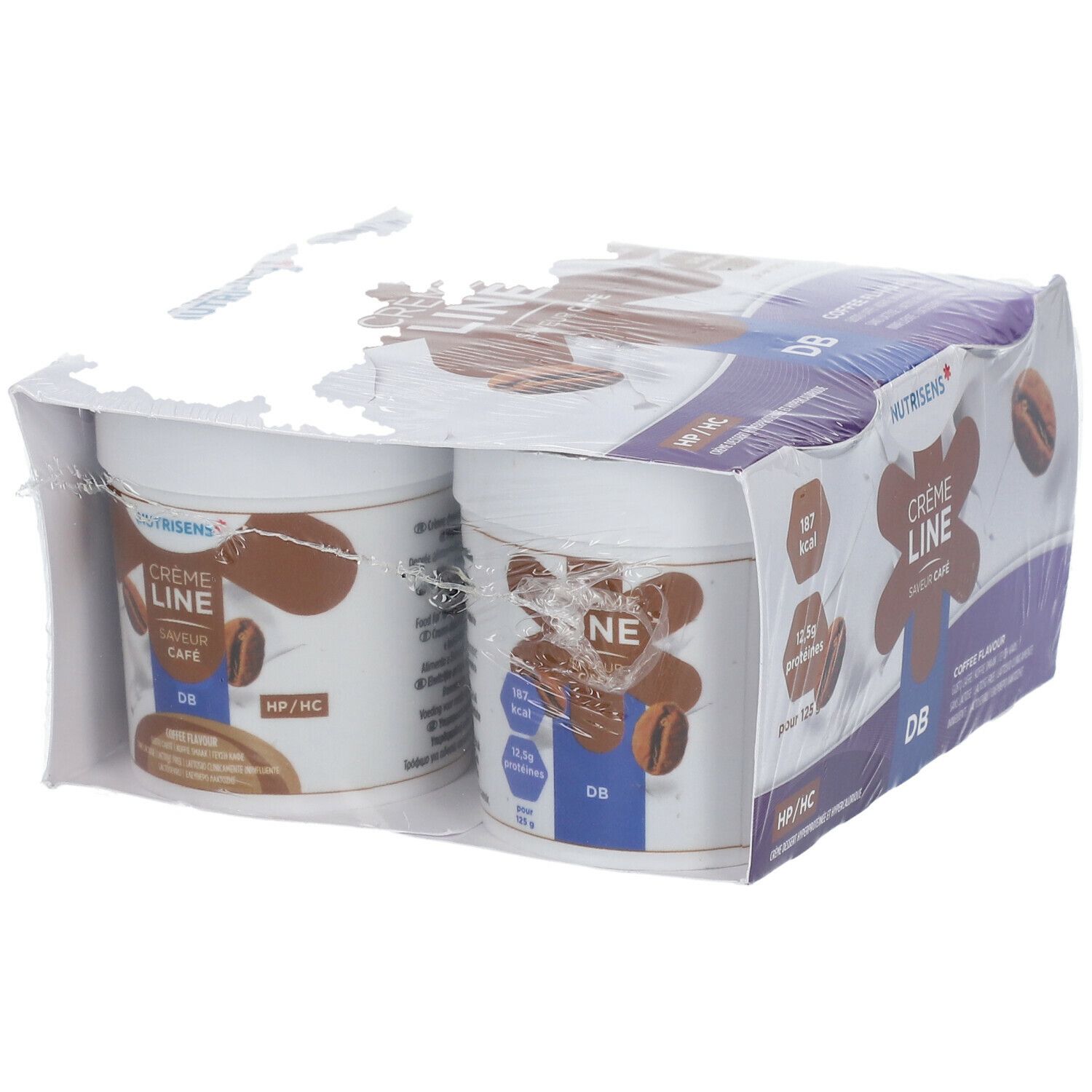 Verpakking met twee bekers. Opschrift: Nutrisens Crème Line, koffiesmaak, HP/HC, 187 kcal, 12,5g eiwitten.