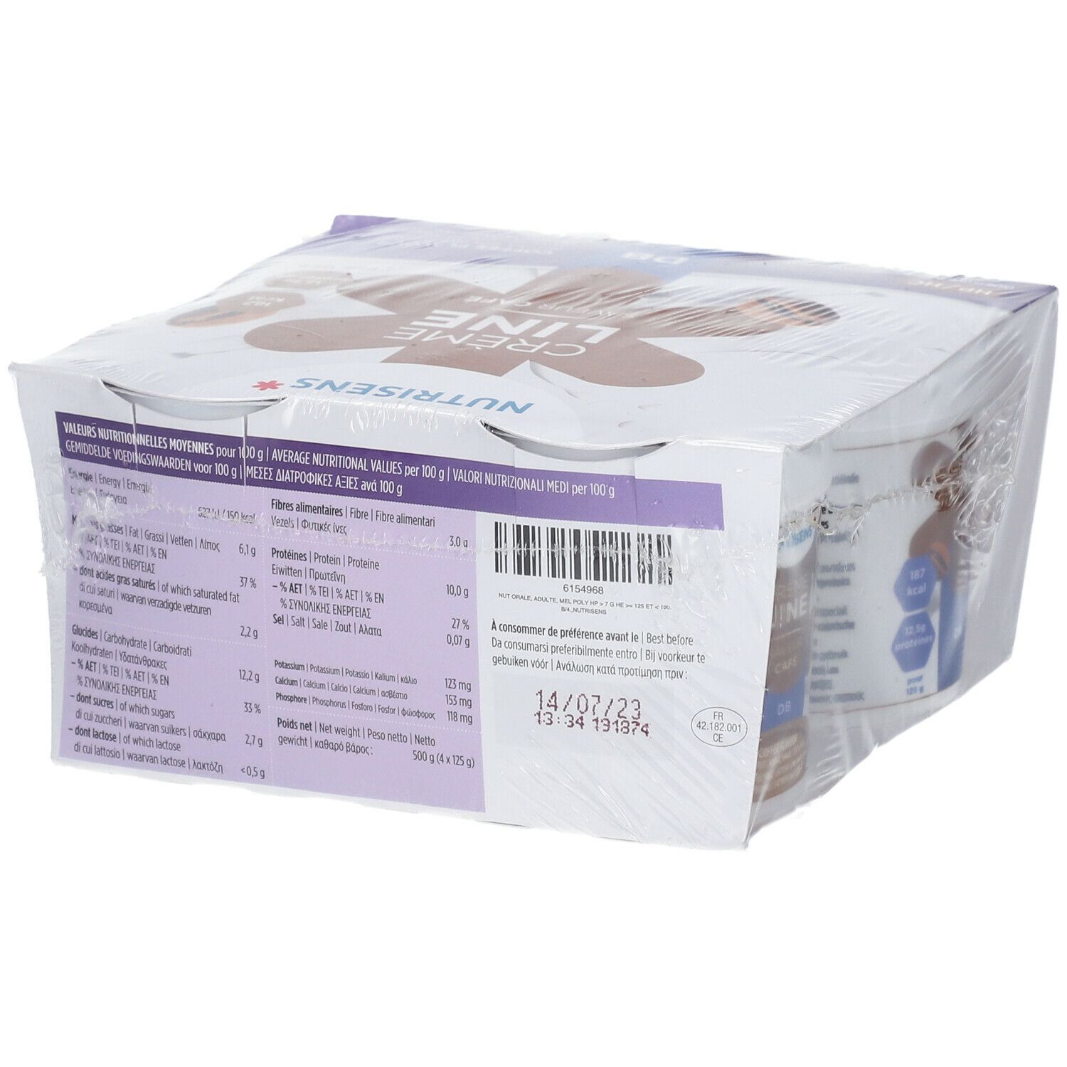 Verpakking met voedingswaarde. Opschrift: Nutrisens Crème Line, koffiesmaak, HP/HC. Ten minste houdbaar tot.