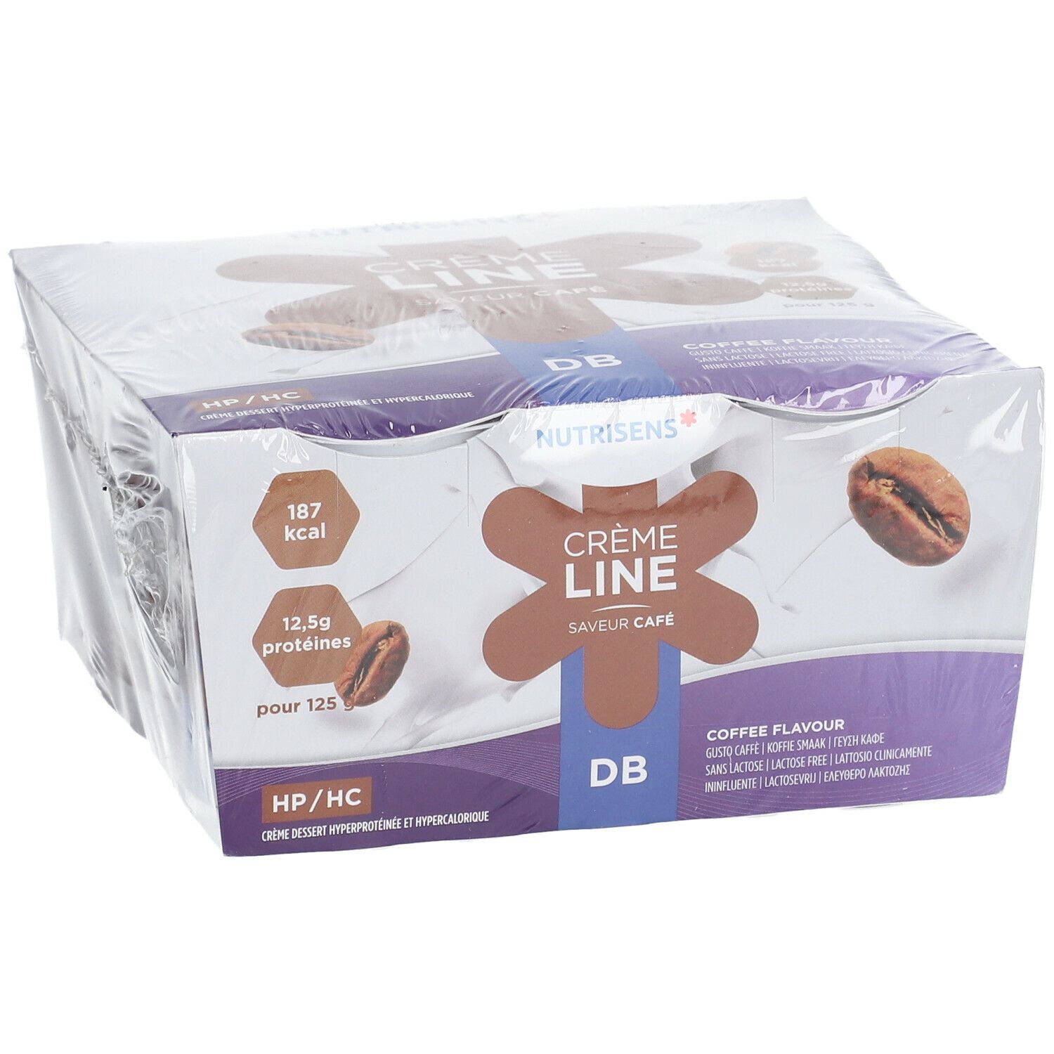 Verpakking met bekers. Opschrift: Nutrisens Crème Line, koffiesmaak, HP/HC, 187 kcal, 12,5g eiwitten.