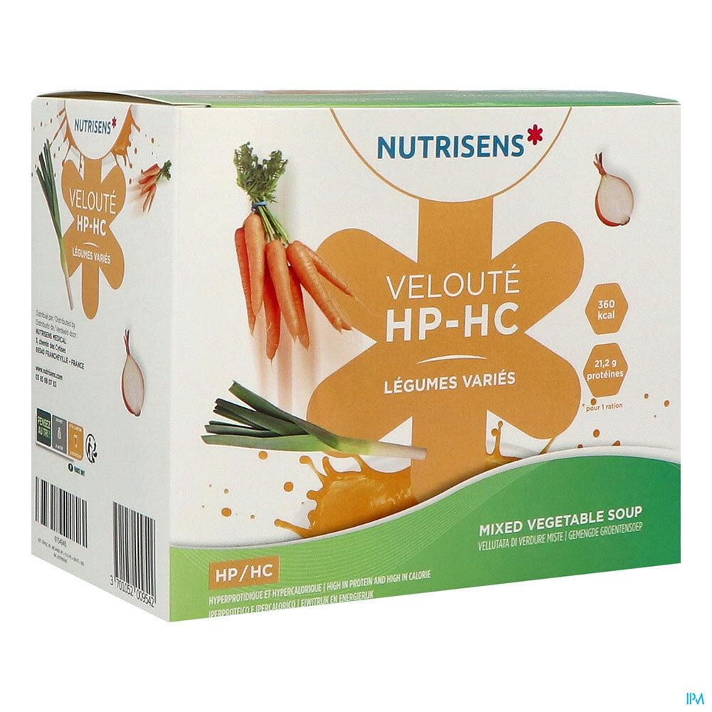 Doos NUTRISENS VELOUTÉ HP/HC. Afbeelding van groenten en voedingsinformatie. Gemengde groentesoep.
