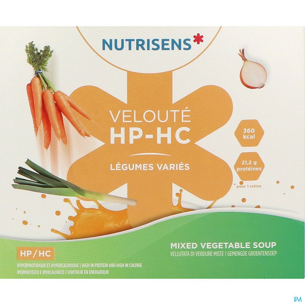 Doos NUTRISENS VELOUTÉ HP/HC met groenten en voedingsinformatie. Opschrift: Groentesoep.