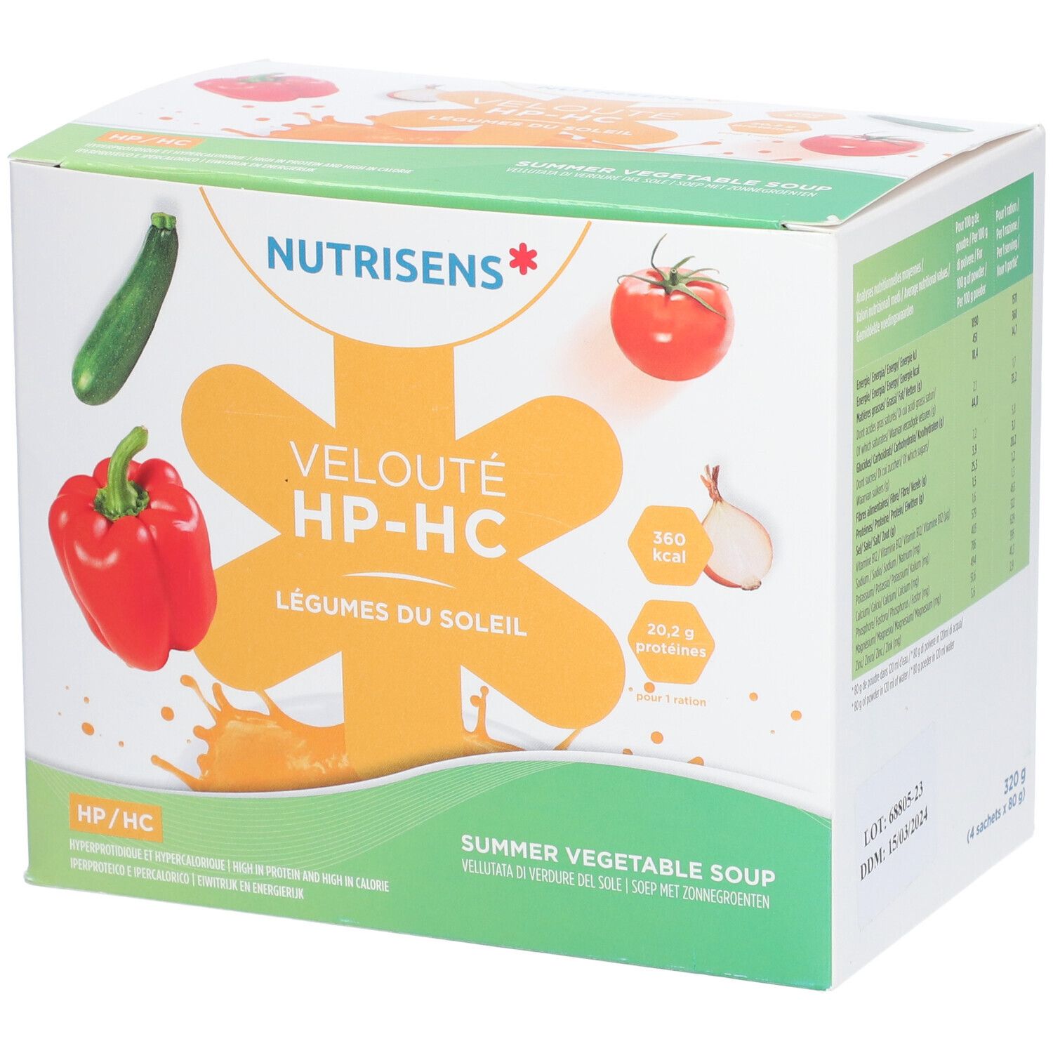 Boîte NUTRISENS VELOUTÉ HP/HC. Illustrations de légumes et informations produit. Logo HP/HC.