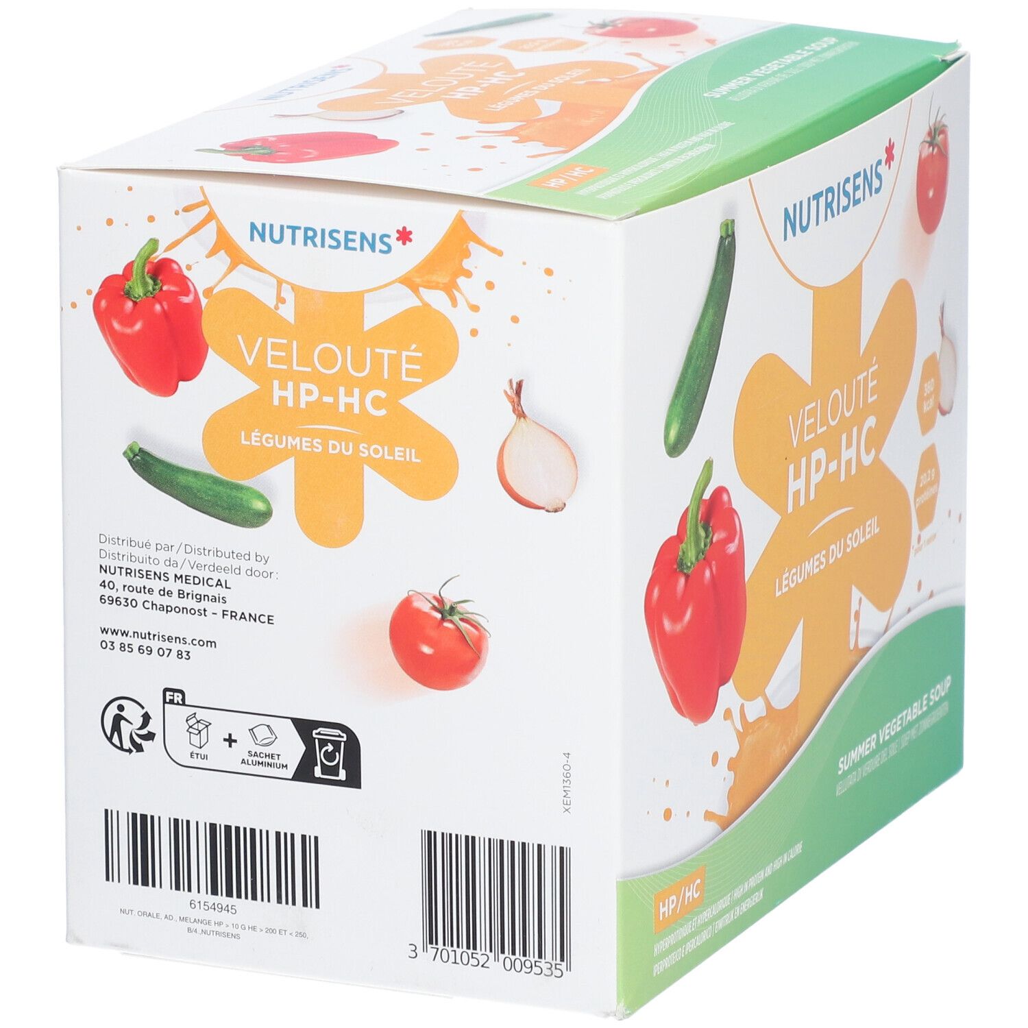 Boîte NUTRISENS VELOUTÉ HP/HC. Vue latérale avec illustrations de légumes et informations produit. Code-barres.