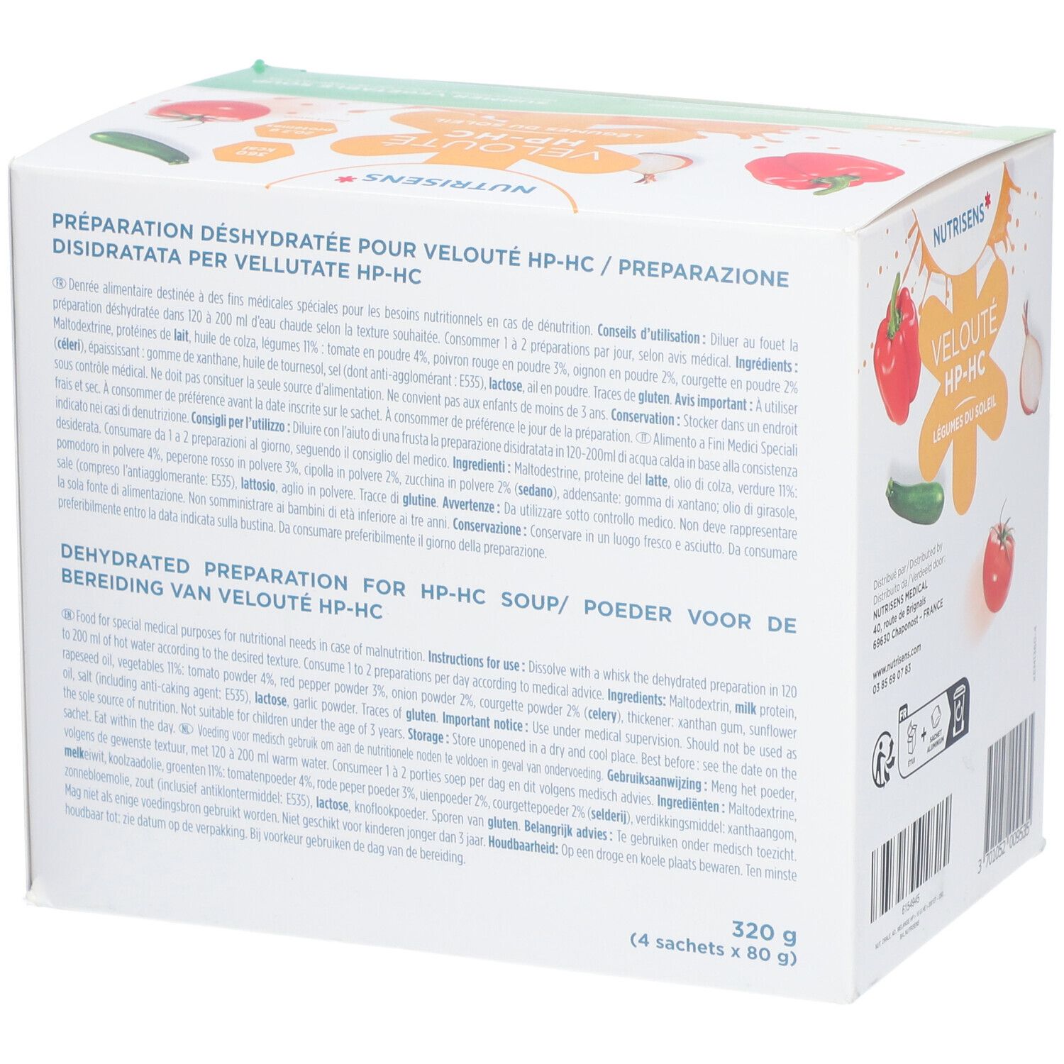 Boîte NUTRISENS VELOUTÉ HP/HC. Dos avec texte multilingue. Liste des ingrédients et informations nutritionnelles.