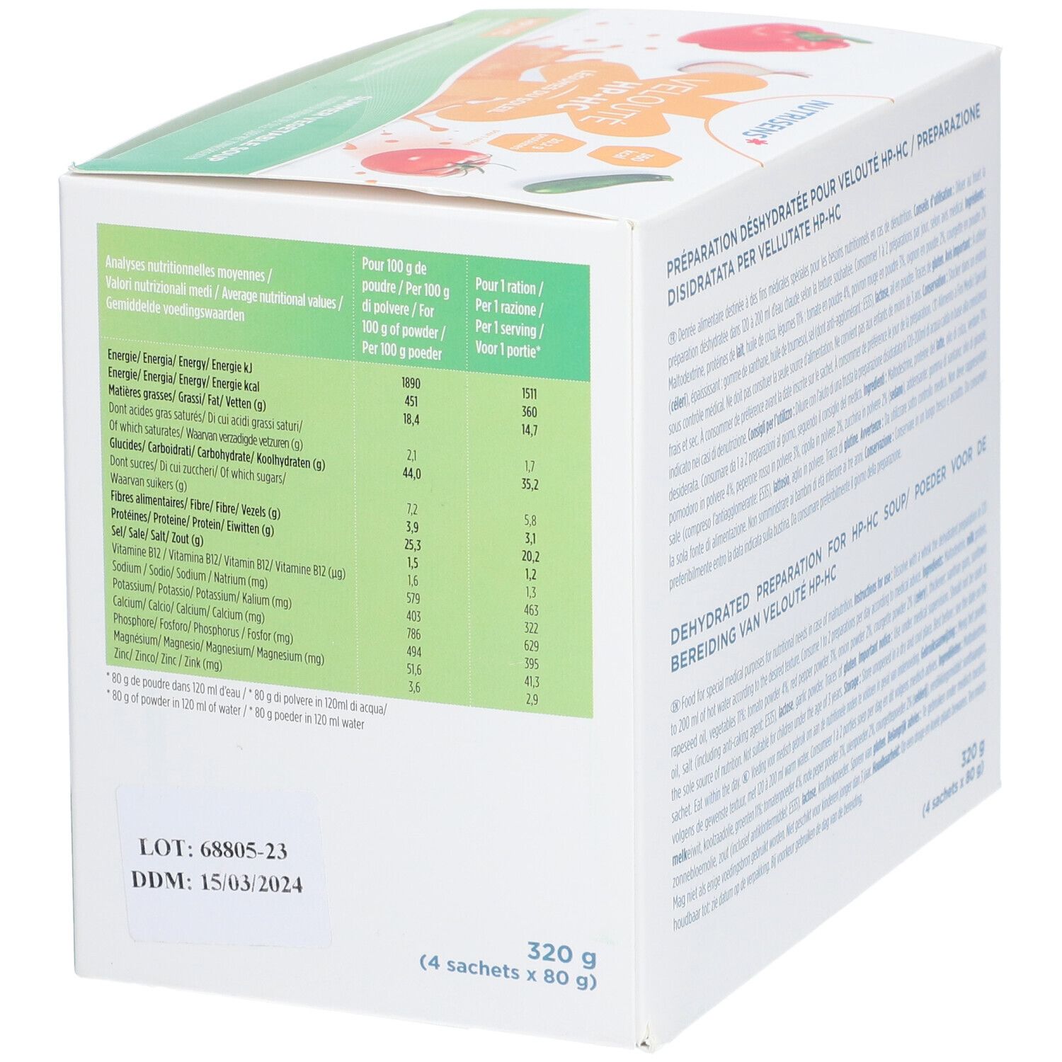 Boîte NUTRISENS VELOUTÉ HP/HC. Détail du tableau nutritionnel. Numéro de lot et date de péremption.