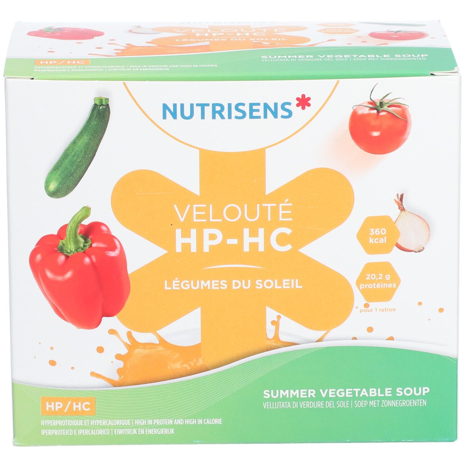 Boîte NUTRISENS VELOUTÉ HP/HC. Face avant avec illustrations de légumes et informations produit. Logo HP/HC.