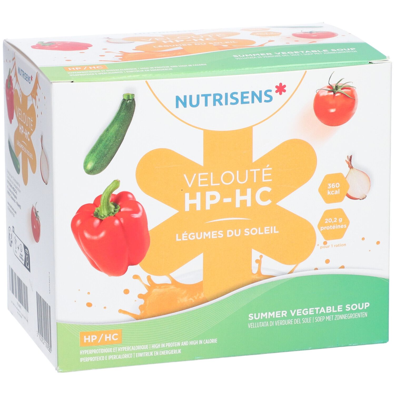 Boîte NUTRISENS VELOUTÉ HP/HC. Vue de face avec illustrations de légumes et informations produit. Logo HP/HC.